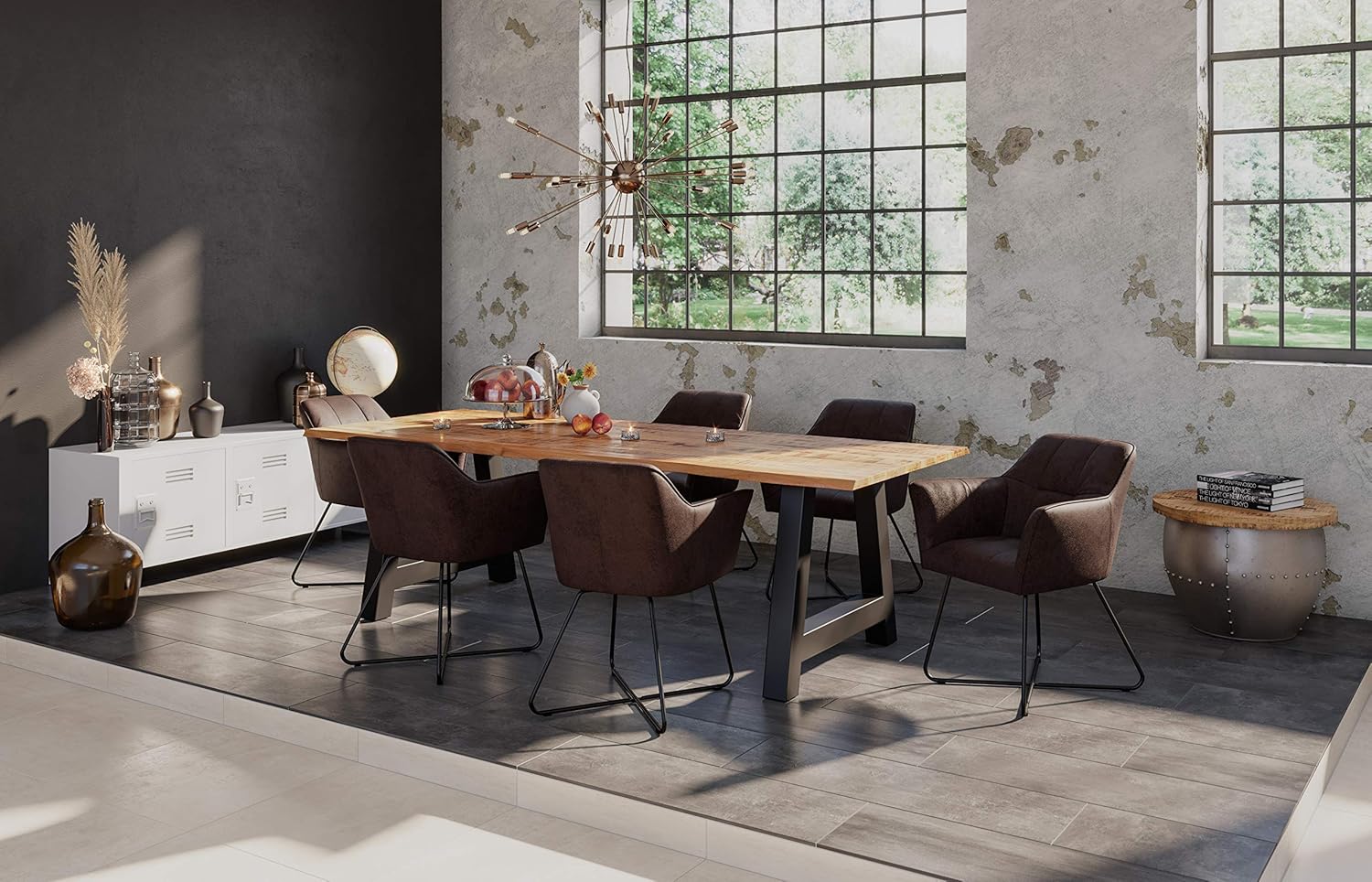 SAM Esstisch Dora 180 x 90 cm, Mangoholz massiv, lackiert & naturfarben, Baumkantentisch mit A-Metallgestell in Mattschwarz, echte Baumkante, 26 mm
