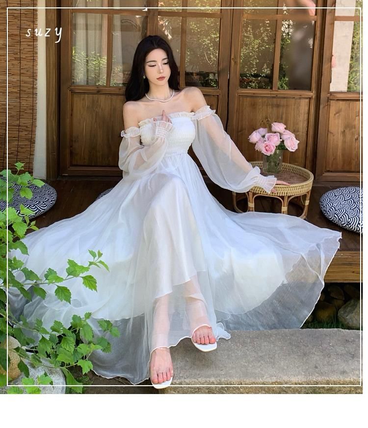 JIYON - Lange mouwen off-shoulder maxi-A-lijnjurk met ruches en ruches