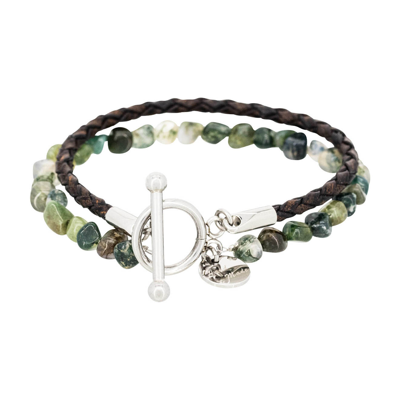 Jacobson Bracelet double Brown Blend en Acier, Cuir & Agate verte