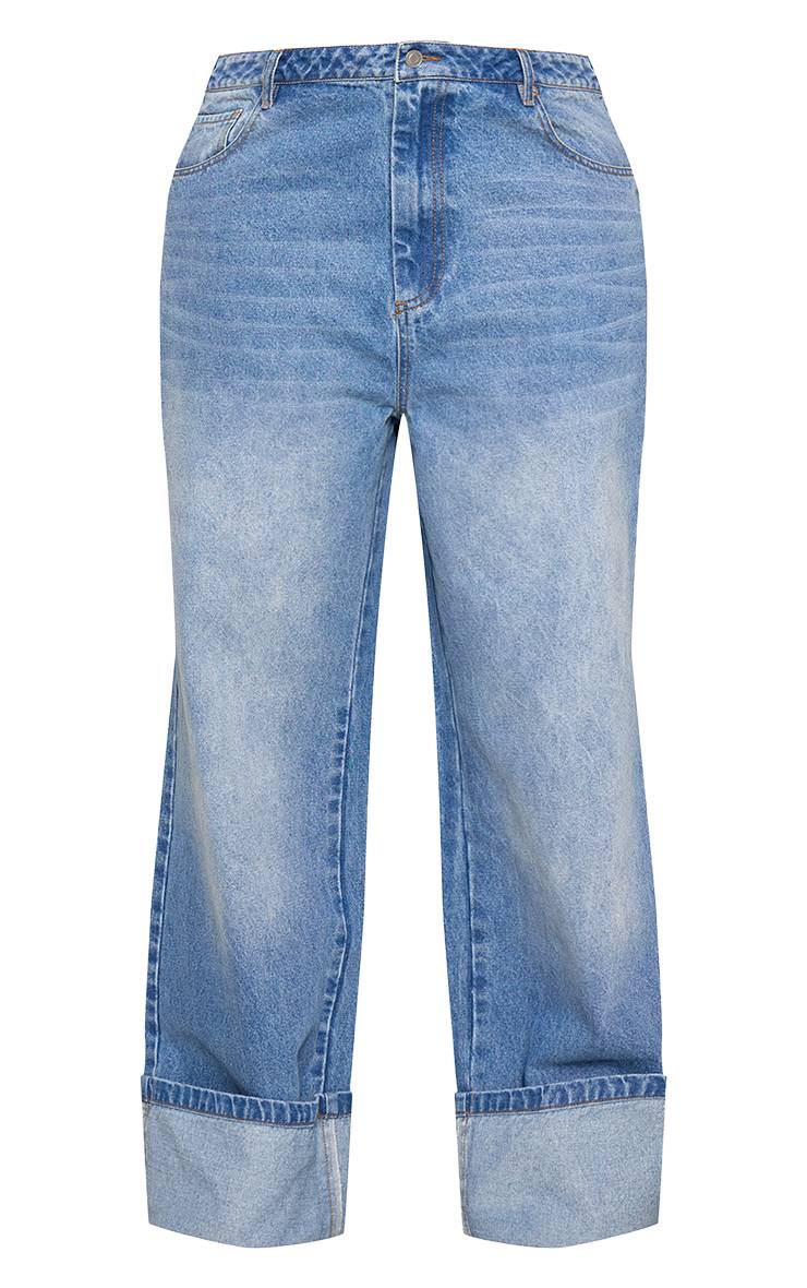 Mid Blue Wash Jean Grande Taille Bleu Moyen Délavé À Ourlet Retroussé Et Coupe Large
