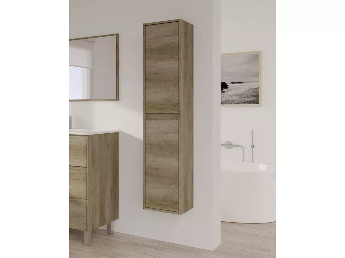 Colonne de salle de bain Dmarron, Armoire colonne de salle de bain avec 2 portes, Armoire murale suspendue, Armoire polyvalente moderne, 30x26h140 cm, Chêne