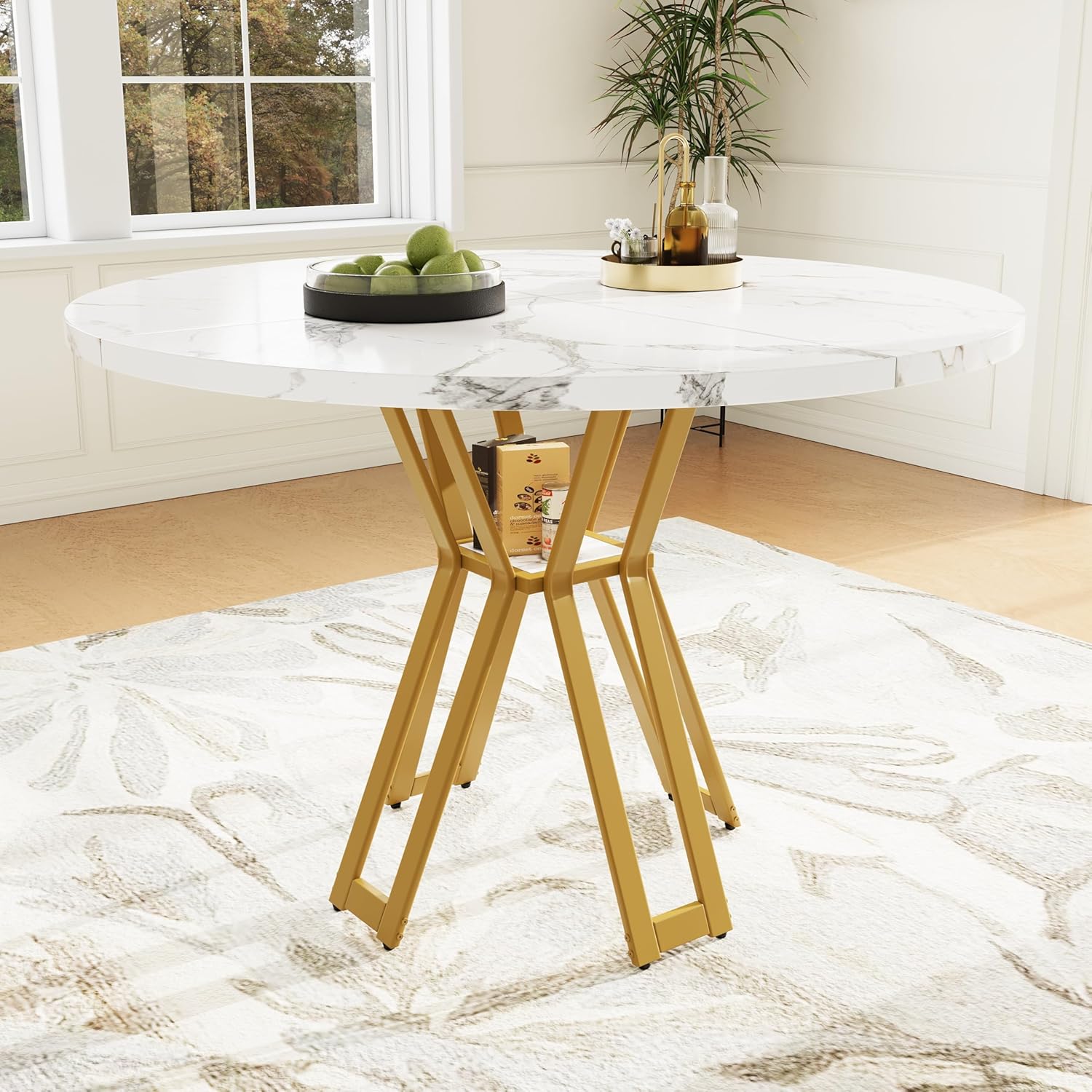 Merax Esstisch Rund, Marmormuster Esstisch Kaffeetisch, für 4-6 Personen, Metallrahmen, verstellbareTischbeine, geeignet für Restaurant,Wohnzimmer,Küche,Esszimmer,Gardn, Weiß/Gold, 100×100×76cm