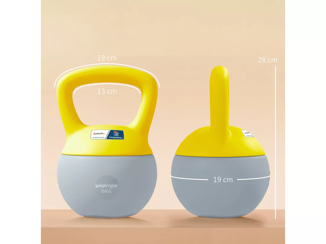 Kettlebell 6 Kg collaboration Aosom.fr x FFHandball - prise ergonomique - PVC gris jaune
