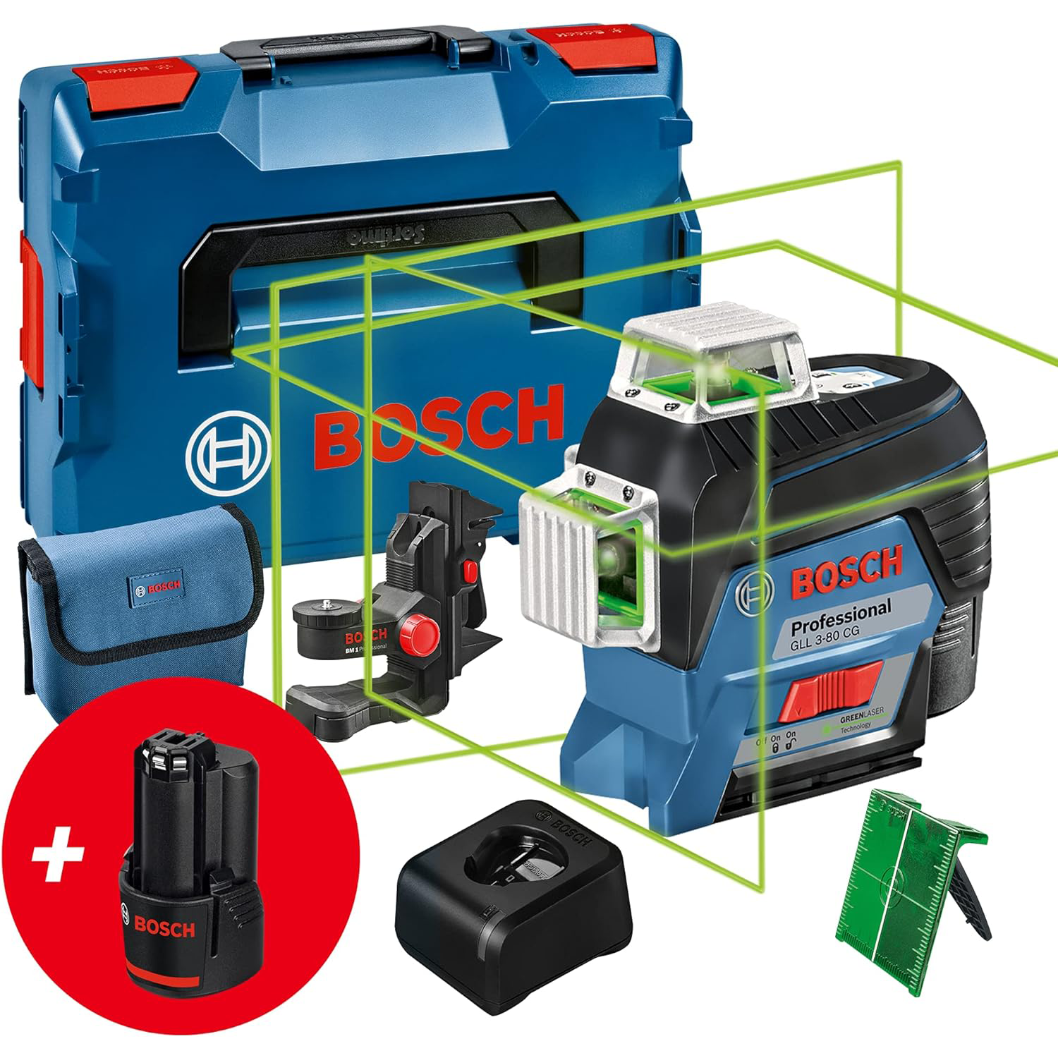 Bosch Professional 12V System Laser Lignes GLL 3-80 CG  Cellule de Rception LR 7 (Faisceau Rouge et Vert, 2 Piles 1,5 V AAA, Porte : 5-50 m, Housse de Protection)
