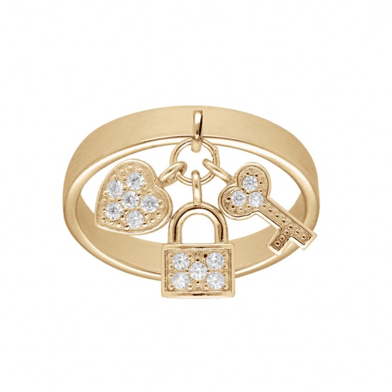 Bague femme pampilles Cadenas, coeur et clefs - Plaqué or