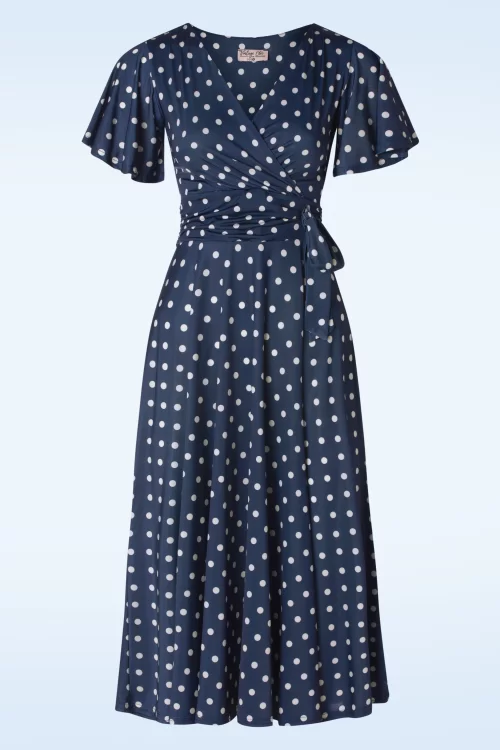 Vintage Chic for Topvintage Irene Polkadot Cross Over swing jurk in marineblauw