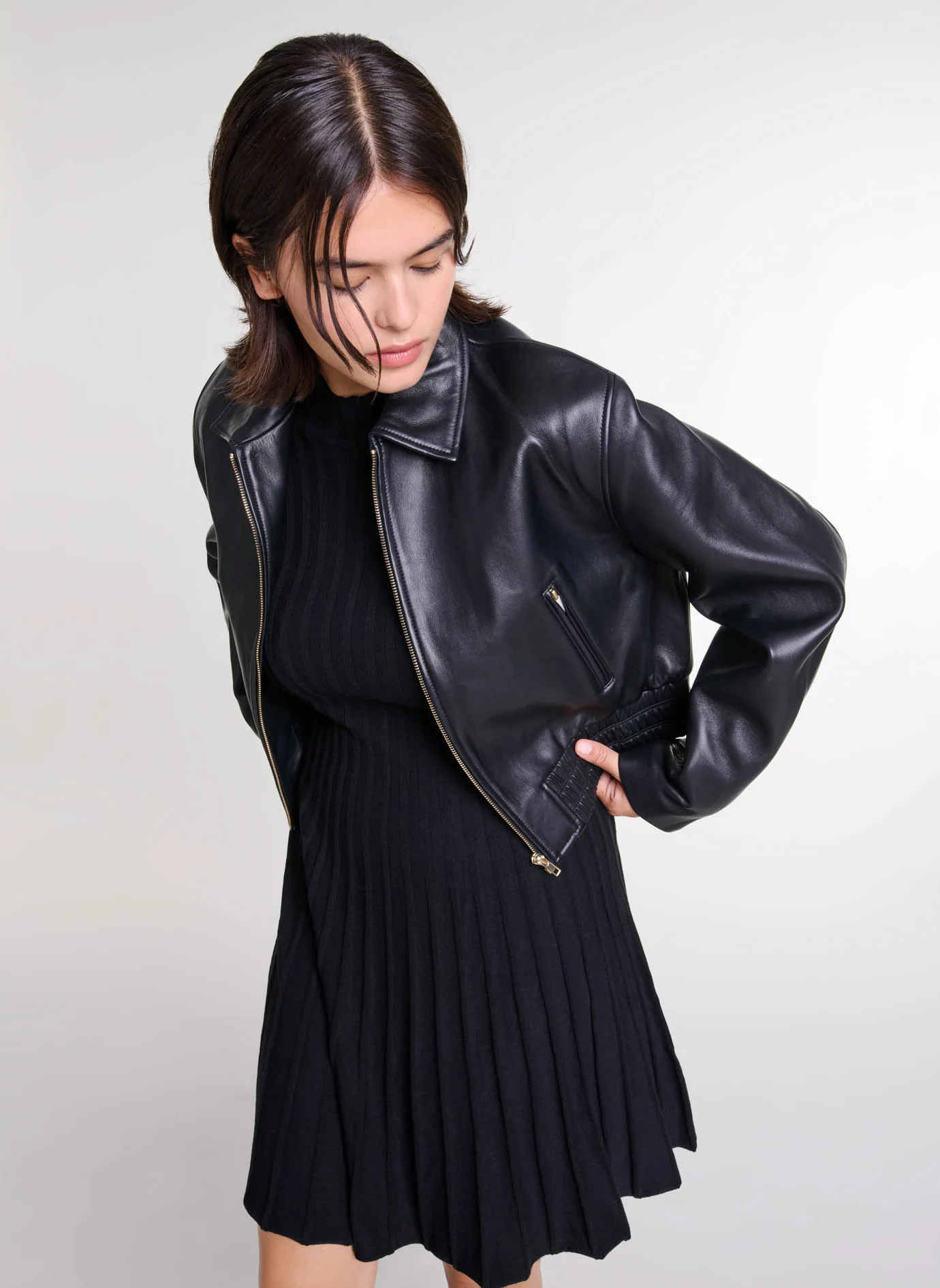 Veste col classique en cuir | Noir
