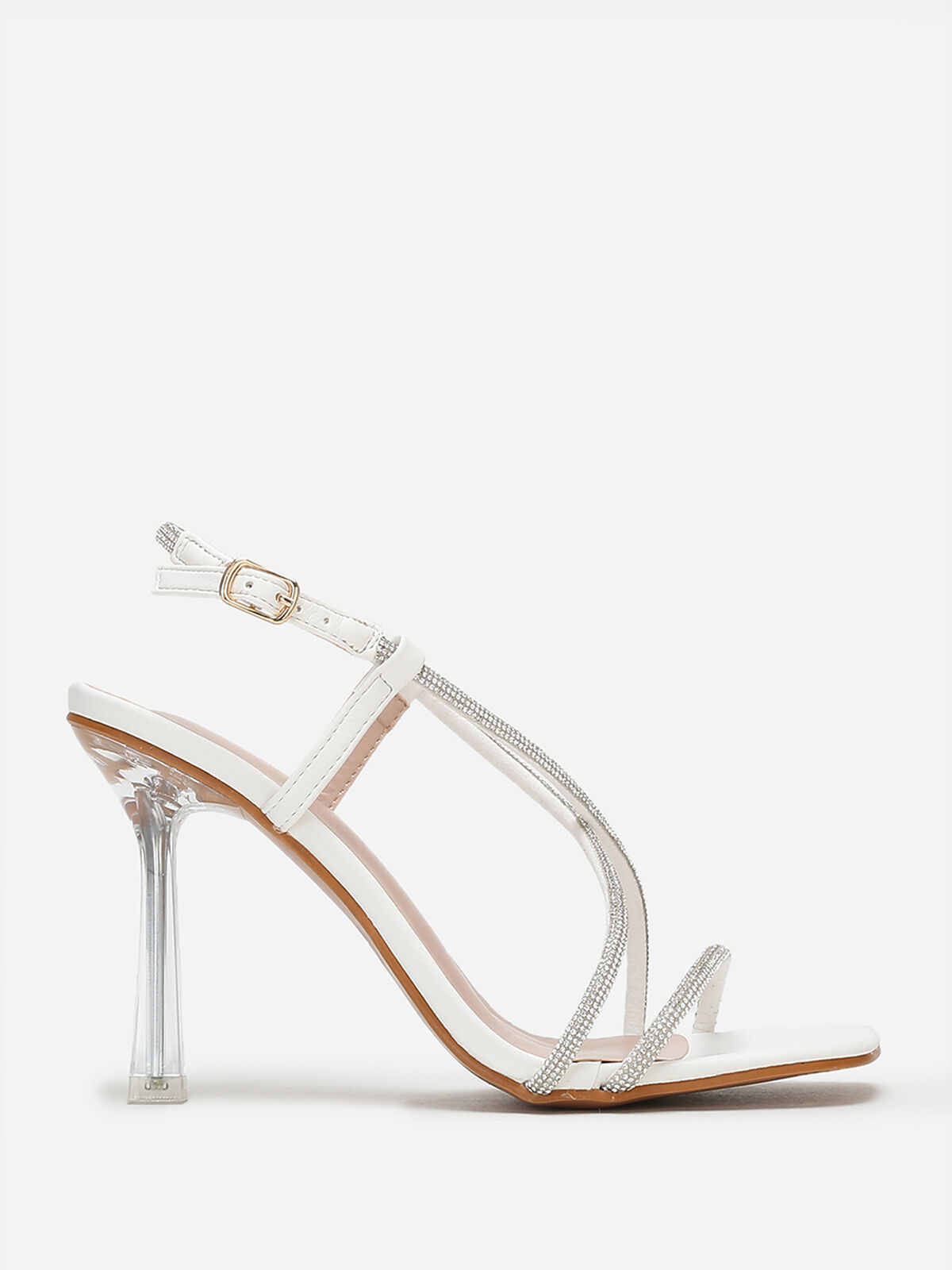 Sandales à talon transparent et strass- Blanc