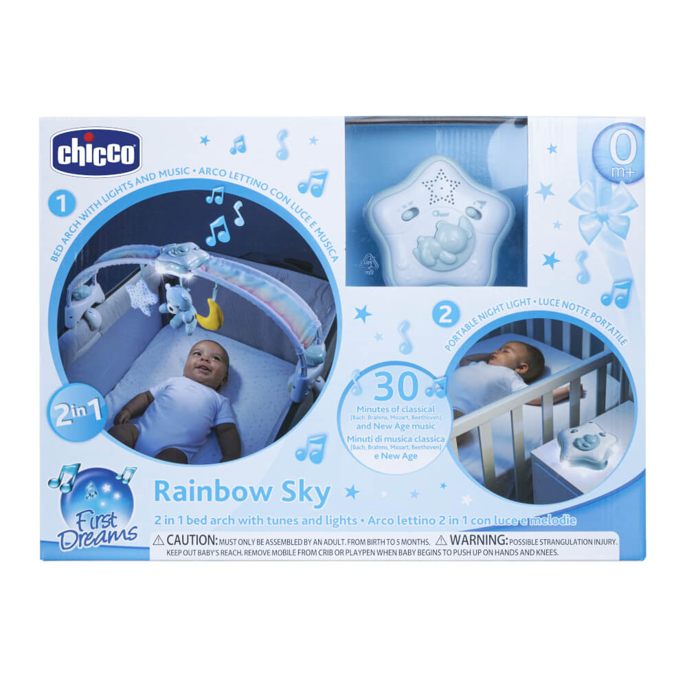 Chicco Regenbogen-Spielbogen für Kinderbett 2in1 mit Licht und Melodien Blau