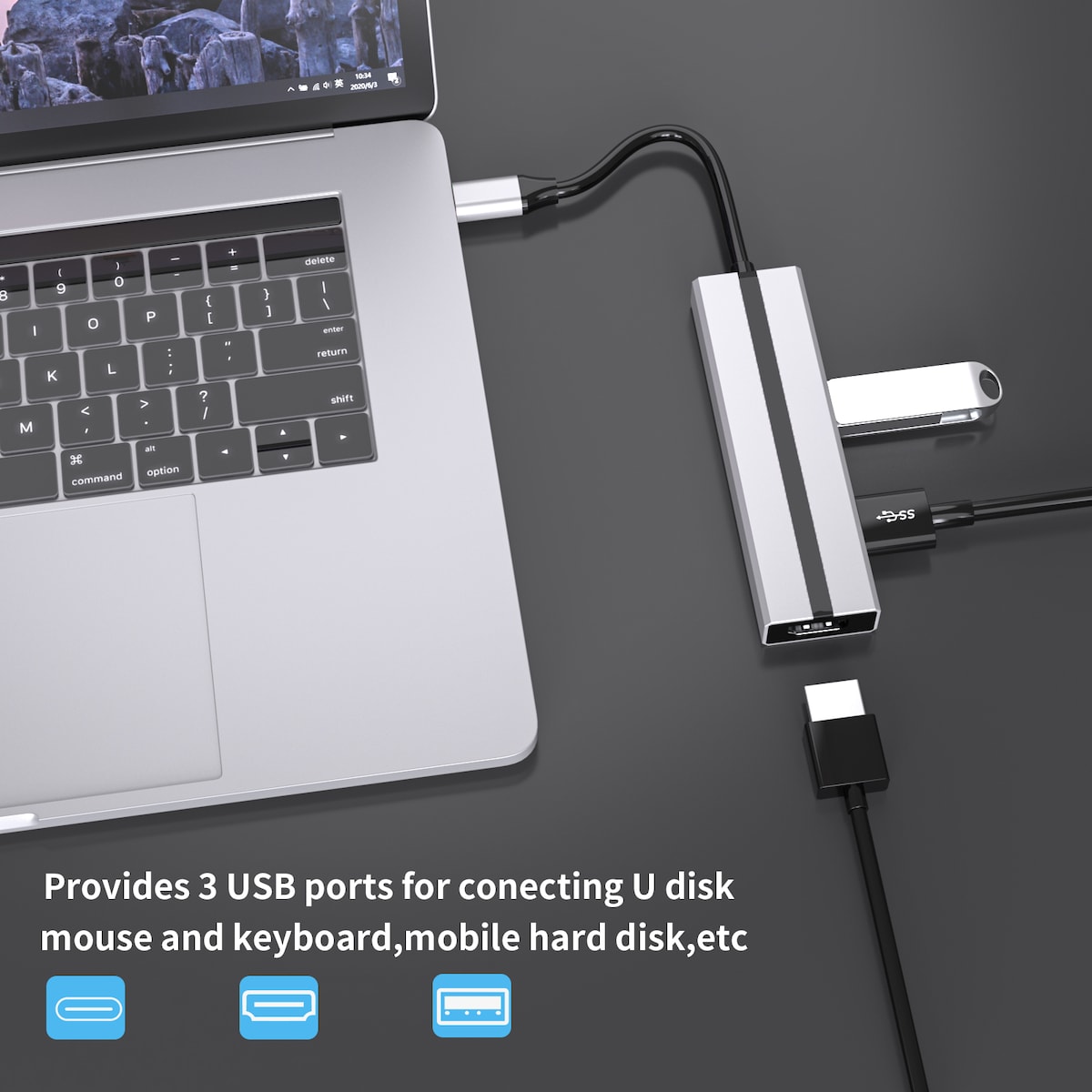 6-i-1 USB C Hub med 4K HDMI-adapter, USB 3.0/2.0-porter, PD 100W