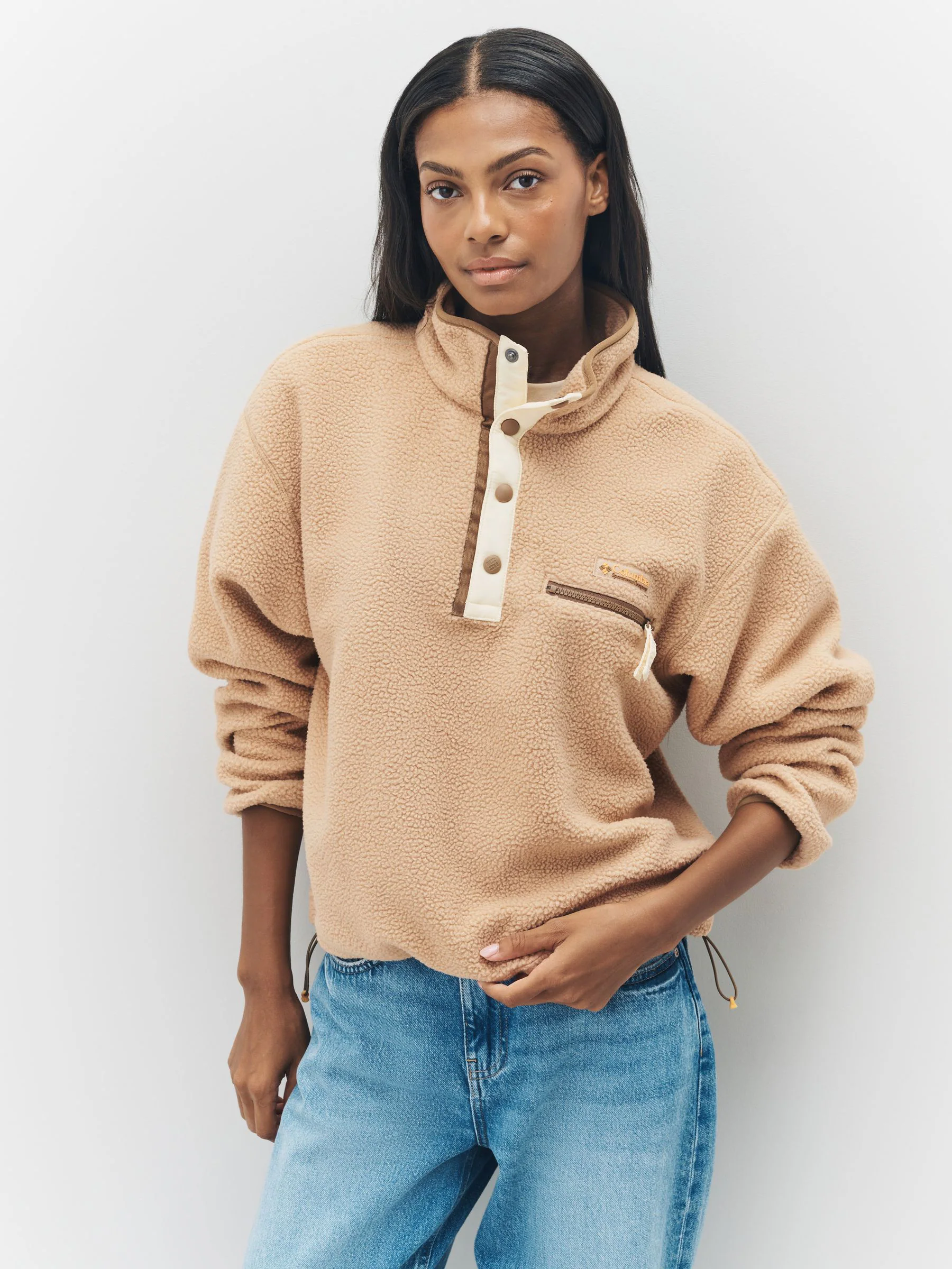 Crème/bruin - Columbia Helvetia™ II effen cropped fleece met halve drukknoopsluiting