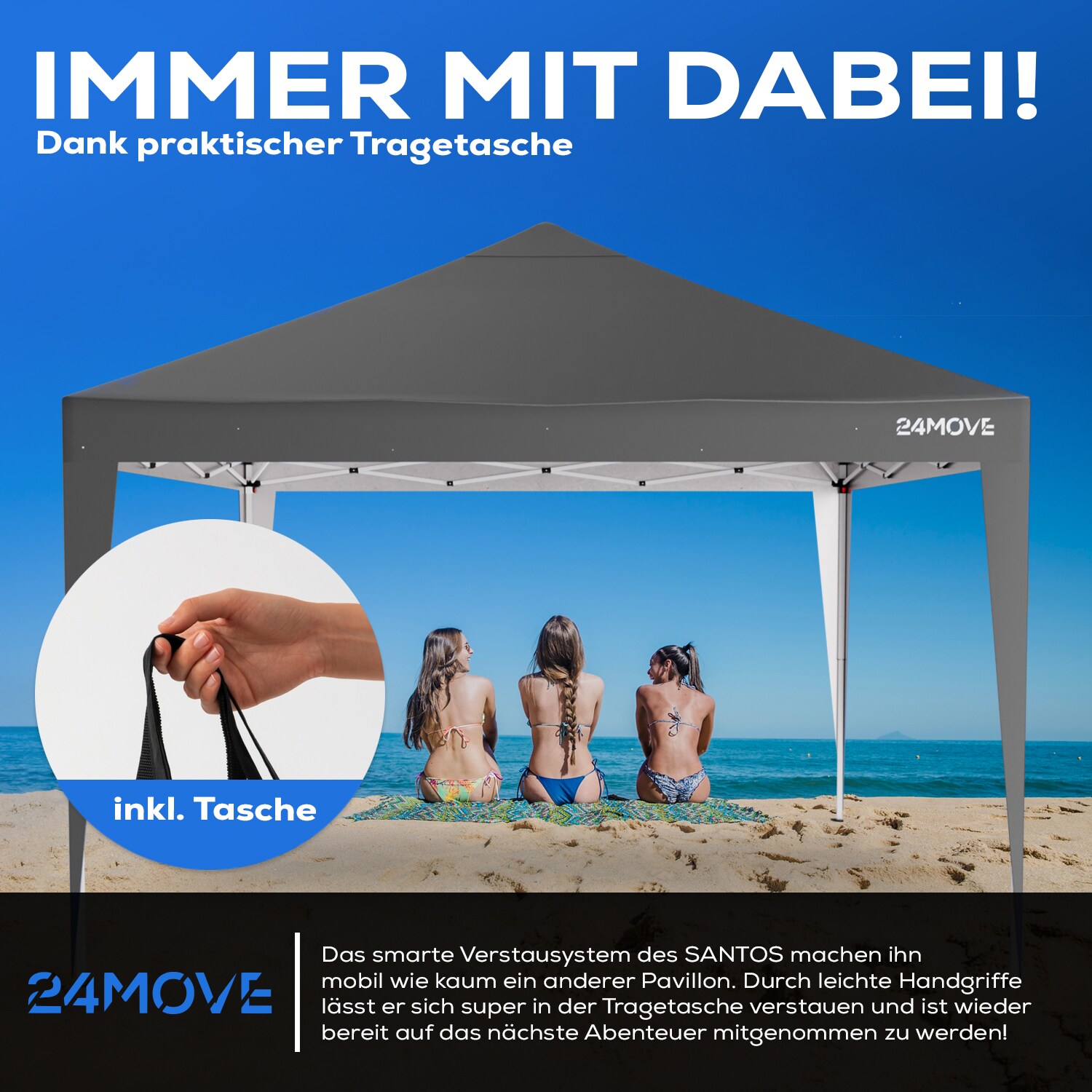 24MOVE® Pavillon Santos 3x3m Pop-Up UV-Schutz 50+ Wasserdicht & winterfest mit Tasche faltbar & stabil, für Camping & Garten Faltpavillon - Partyzelt Grau