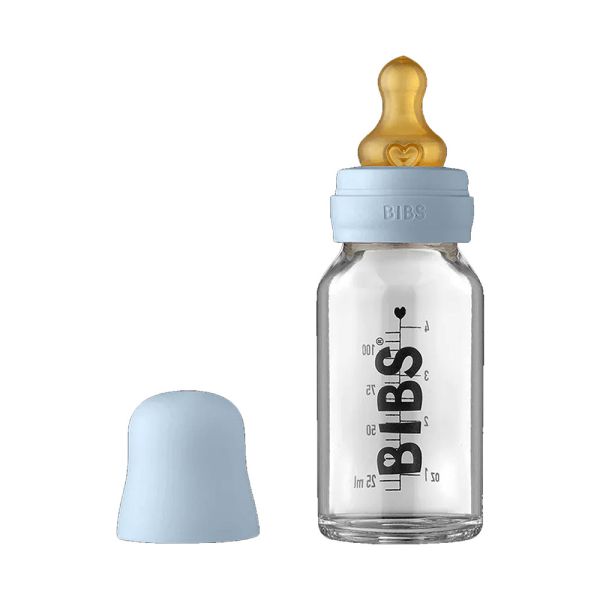 Bibs Glazen Fles - 110 ml - Speen Rond - Baby Blue