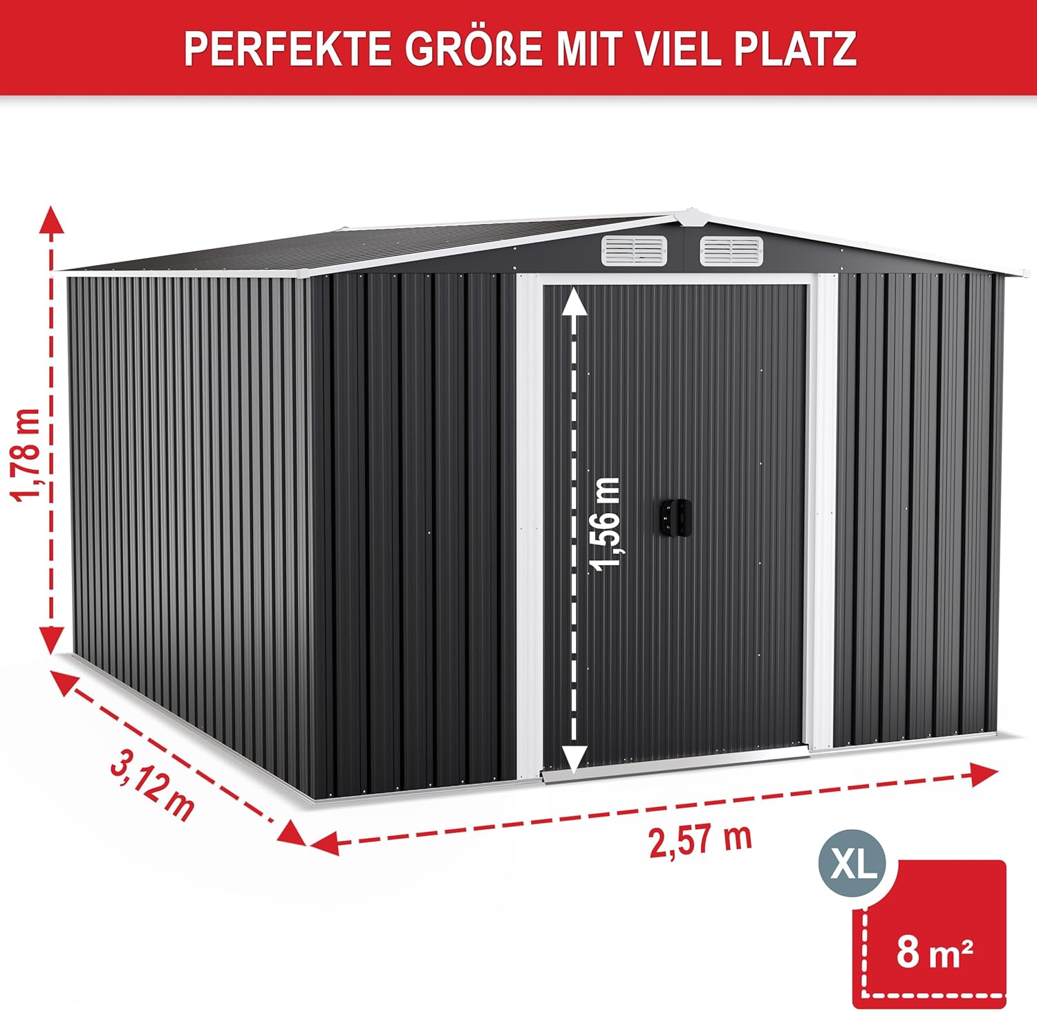 Premium Metall Gerätehaus mit Fundament & Schiebetür – Geräteschuppen Gartenhaus Metallgerätehaus in anthrazit – 3 Größen zur Wahl (8m2)