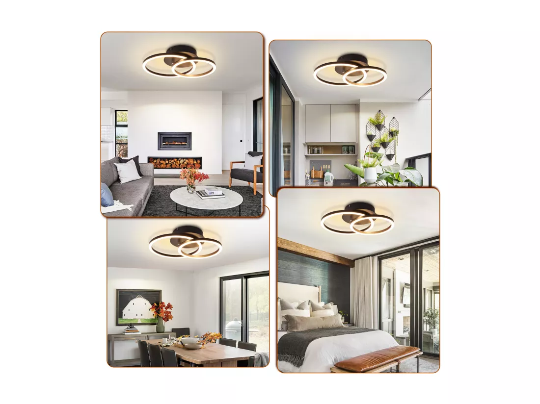 NETTLIFE Plafonnier LED Lampe de plafond 24W Design moderne rond blanc chaud 3000K noir 2 anneaux
