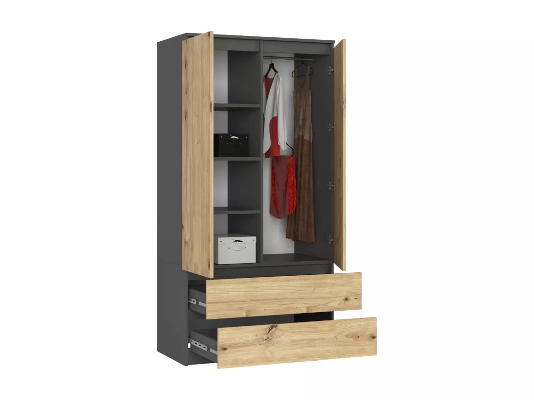 Armoire AKORD S90 Gris Graphite 90 cm 2 portes 2 tiroirs façade Chêne Artisan 4 étagères 90x51x180 cm