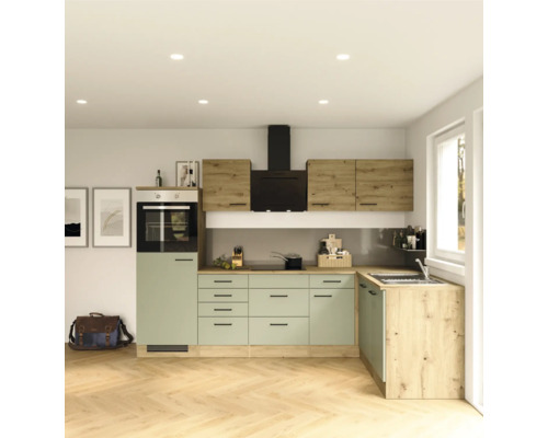Flex Well hoekkeuken met apparatuur Cara 280 cm groen eiken mat gedemonteerde variant omkeerbaar 00012743