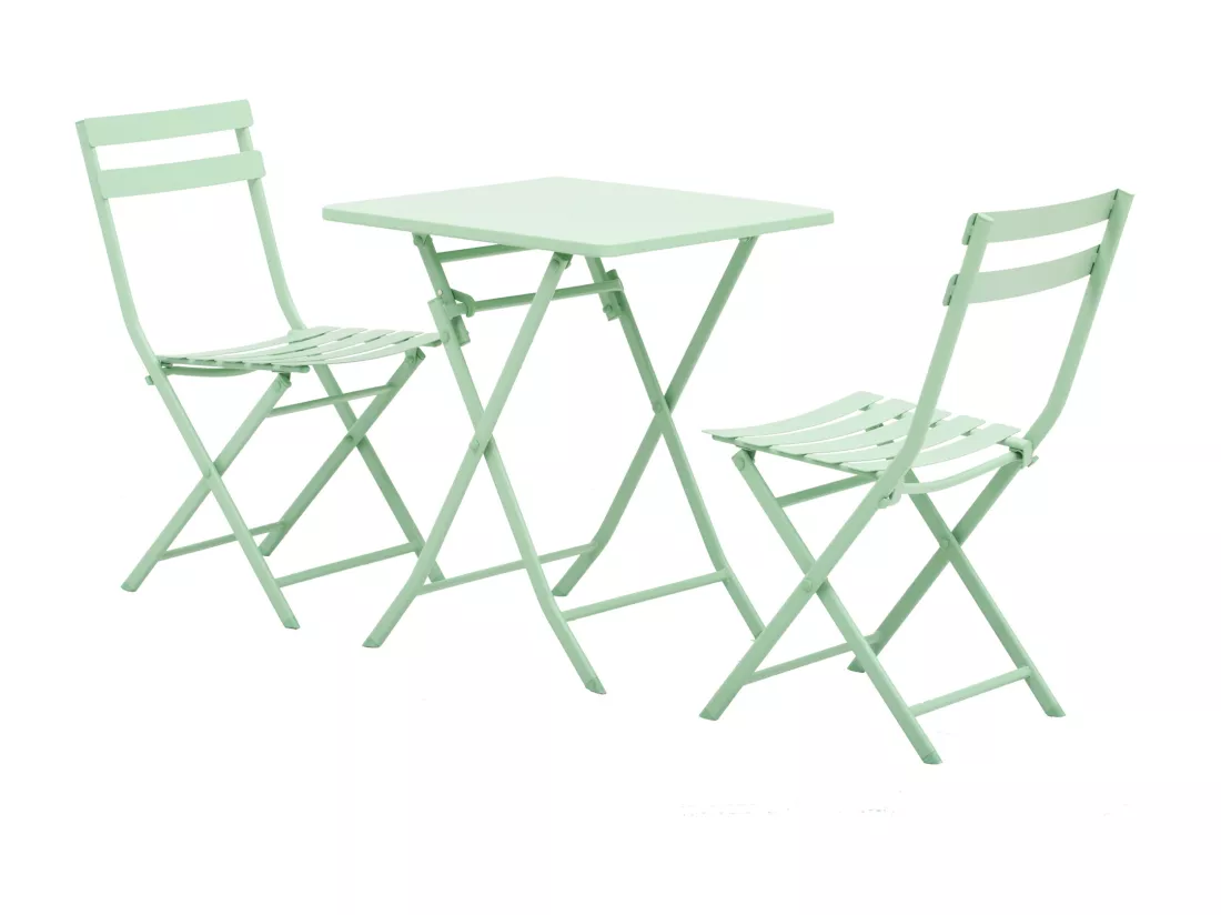 Salon de jardin bistro pliable - table carrée dim. 60L x 60l x 71H cm avec 2 chaises - métal thermolaqué vert d'eau