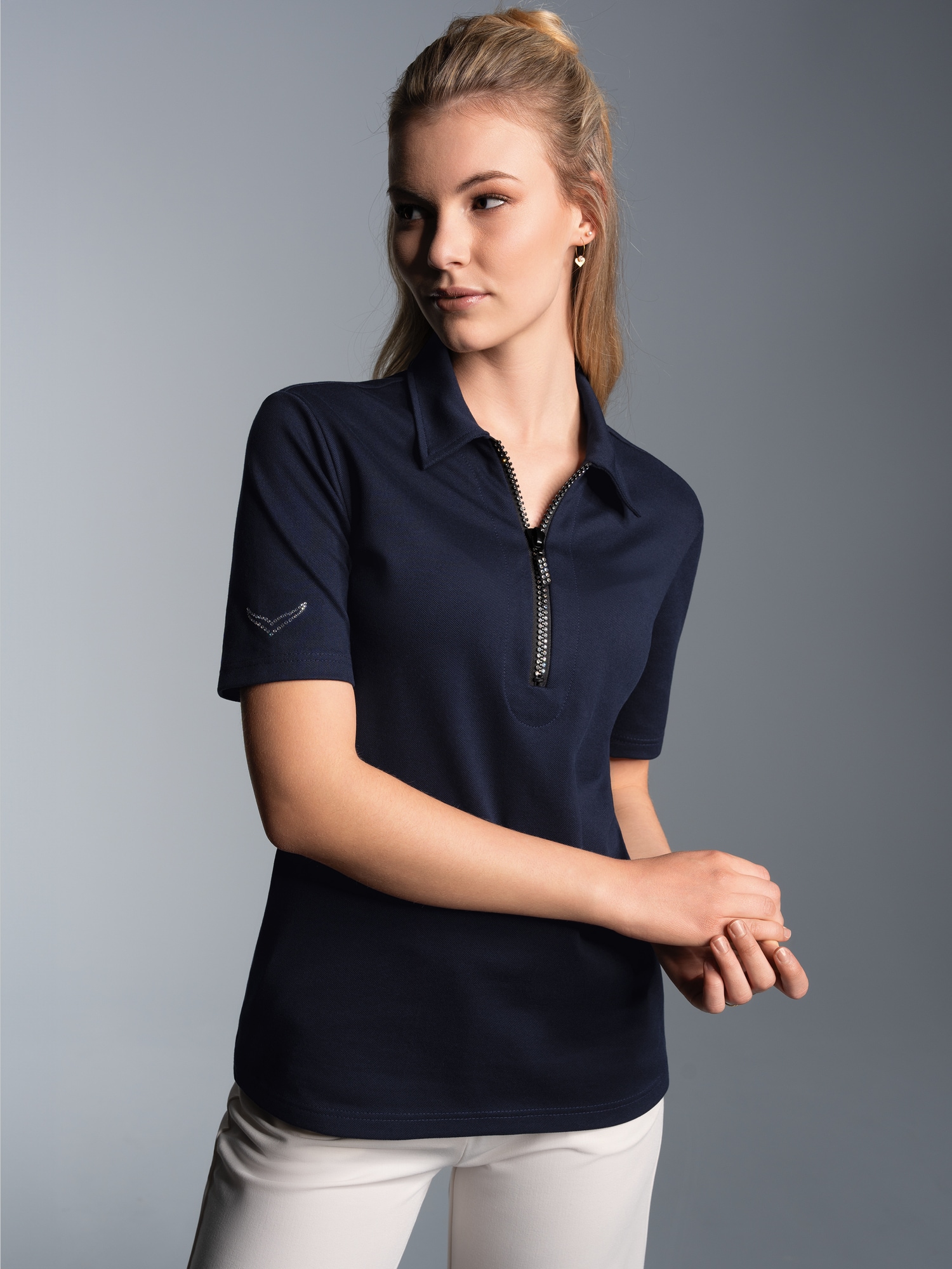 Slim Fit Poloshirt mit Kristallsteinen Navy