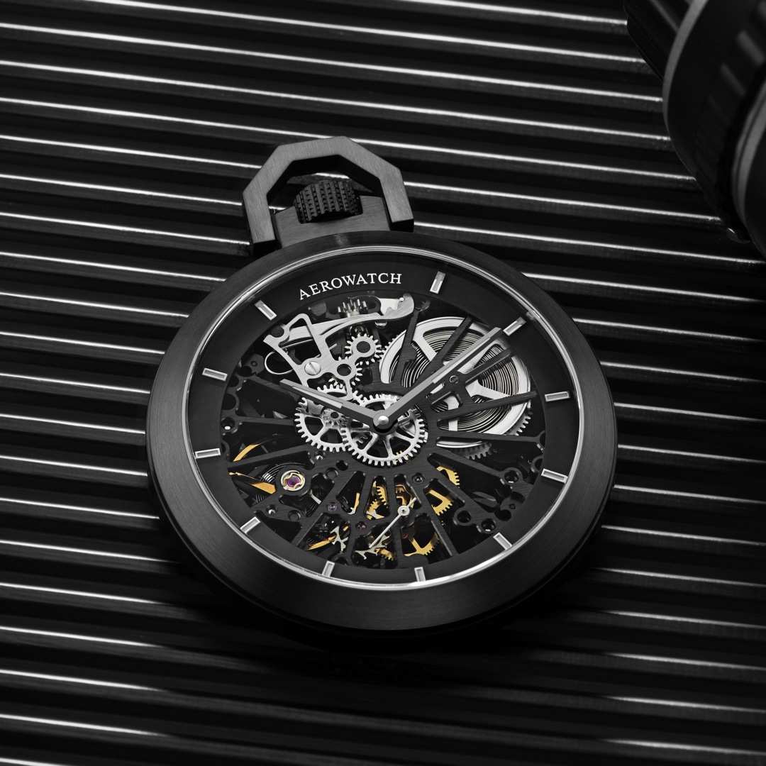 Aerowatch Taschenuhr Lépine Mechanical Skeleton Schwarz Ø 48mm