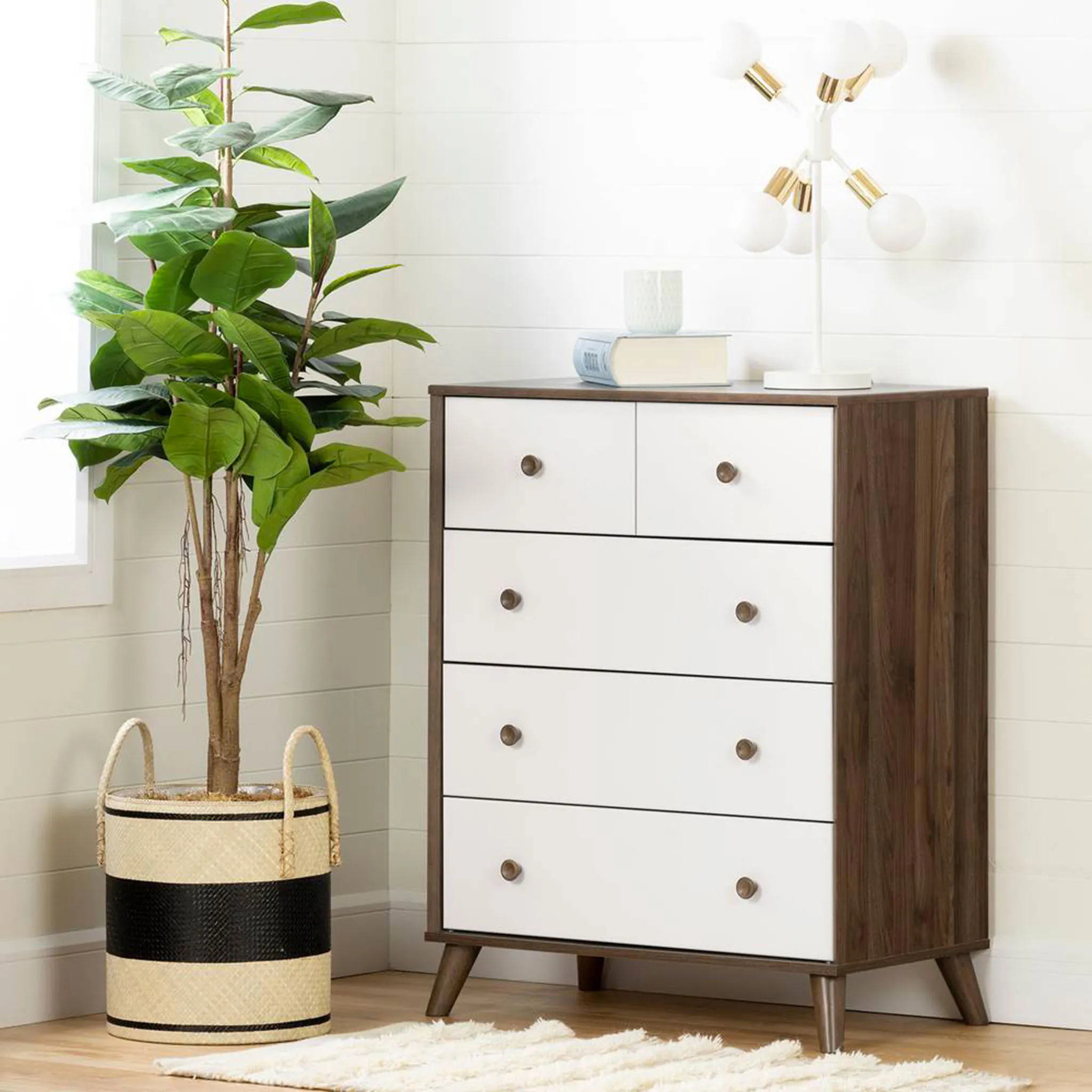 South Shore Commode de Rangement 5 tiroirs Yodi - Noisette  Blanc Pure
