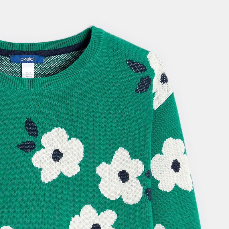 Pull jacquard à fleurs vert fille