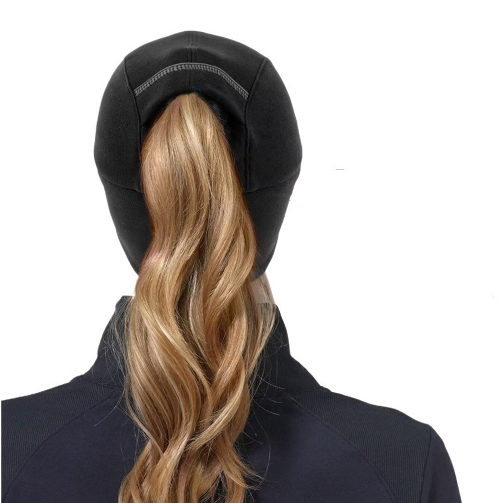 Damen Baseball Cap Winter Mütze Ohrenwärmer Schirmmütze Accessoire Schiebermütze mit Zopfloch (One Size) - Schwarz