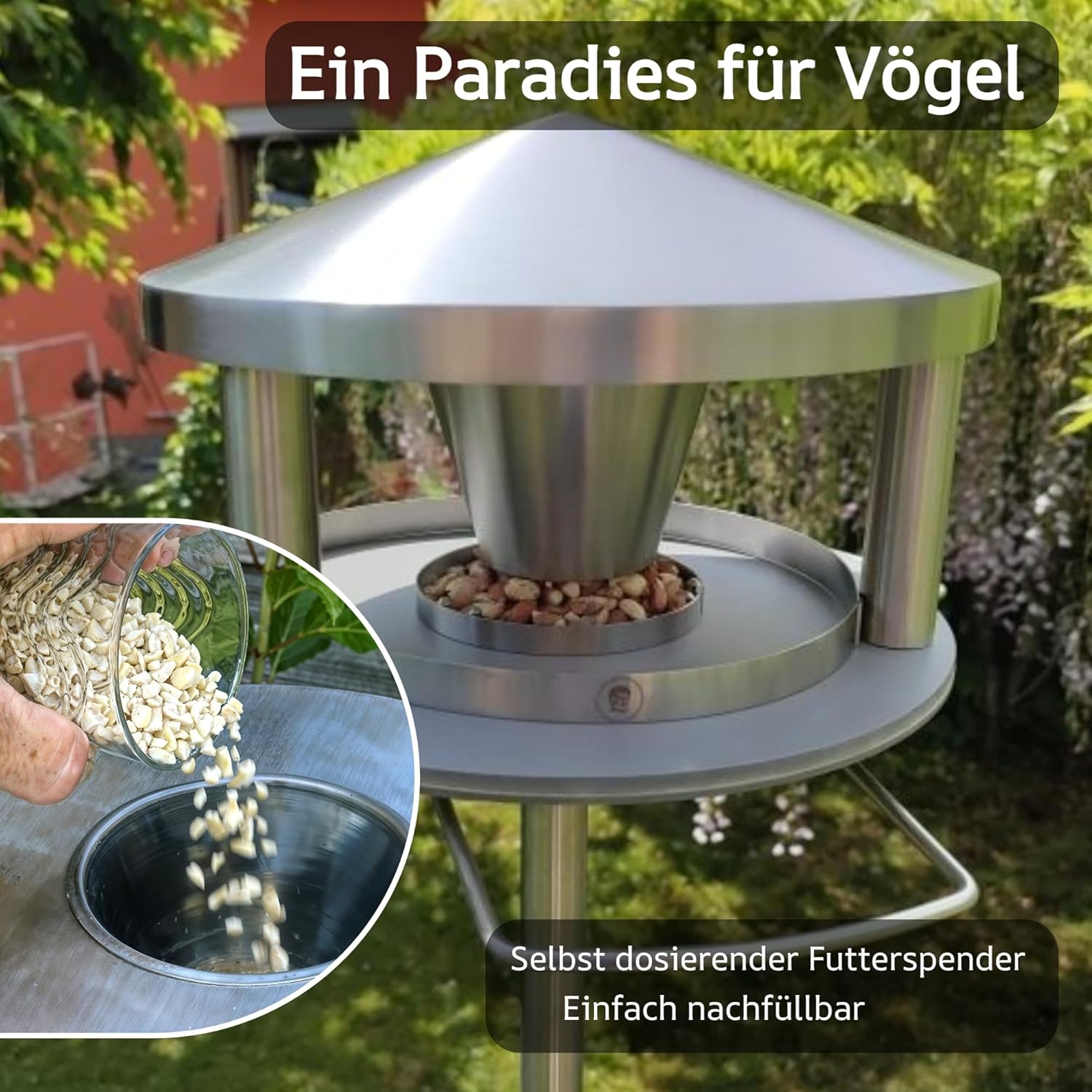 Vogelhaus mit Ständer wetterfest aus Edelstahl - Stabiles Vogelfutterhaus für draußen, modern aus Metall - Vogelfutterstation - Futterhaus für Vögel stehend