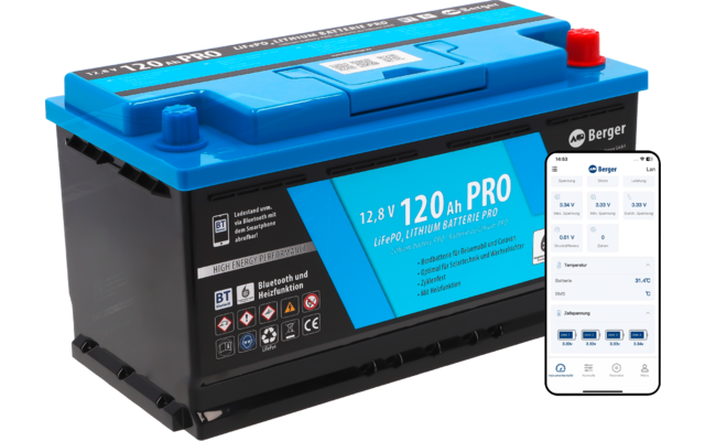 Berger LiFePO4 Lithium Batterie 120 Ah 12V mit Bluetooth (mit & ohne Heizung)