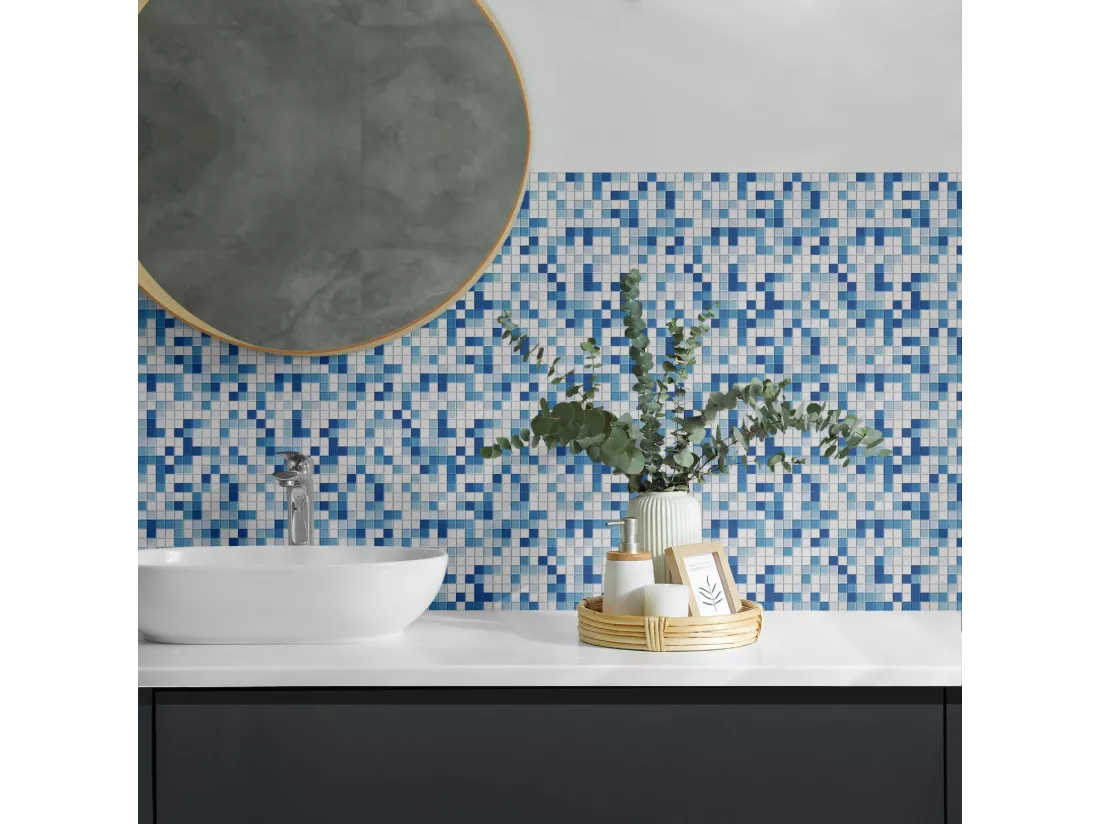 Carreaux autocollants PVC, Carrelage PVC adhésif - 20x20x20 - Mosaïque dans les tons de bleu