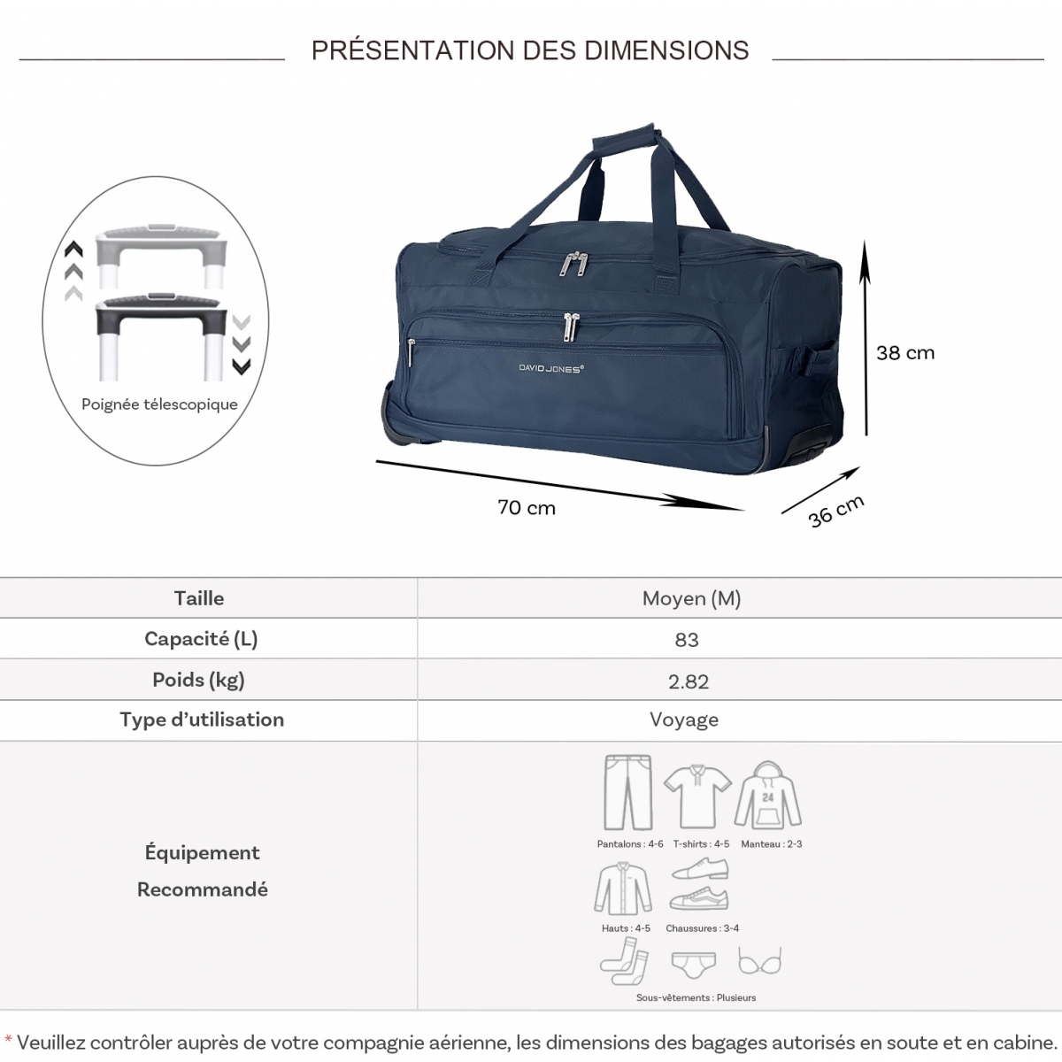 David Jones Sac de voyage avec roulettes 83L David Jones polyester taille L 70cm