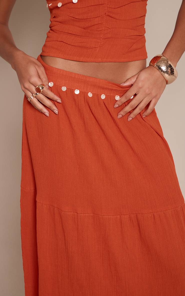 Orange Brûlé Jupe Longue En Coton À Détails Sequins Ensemble Coordonné