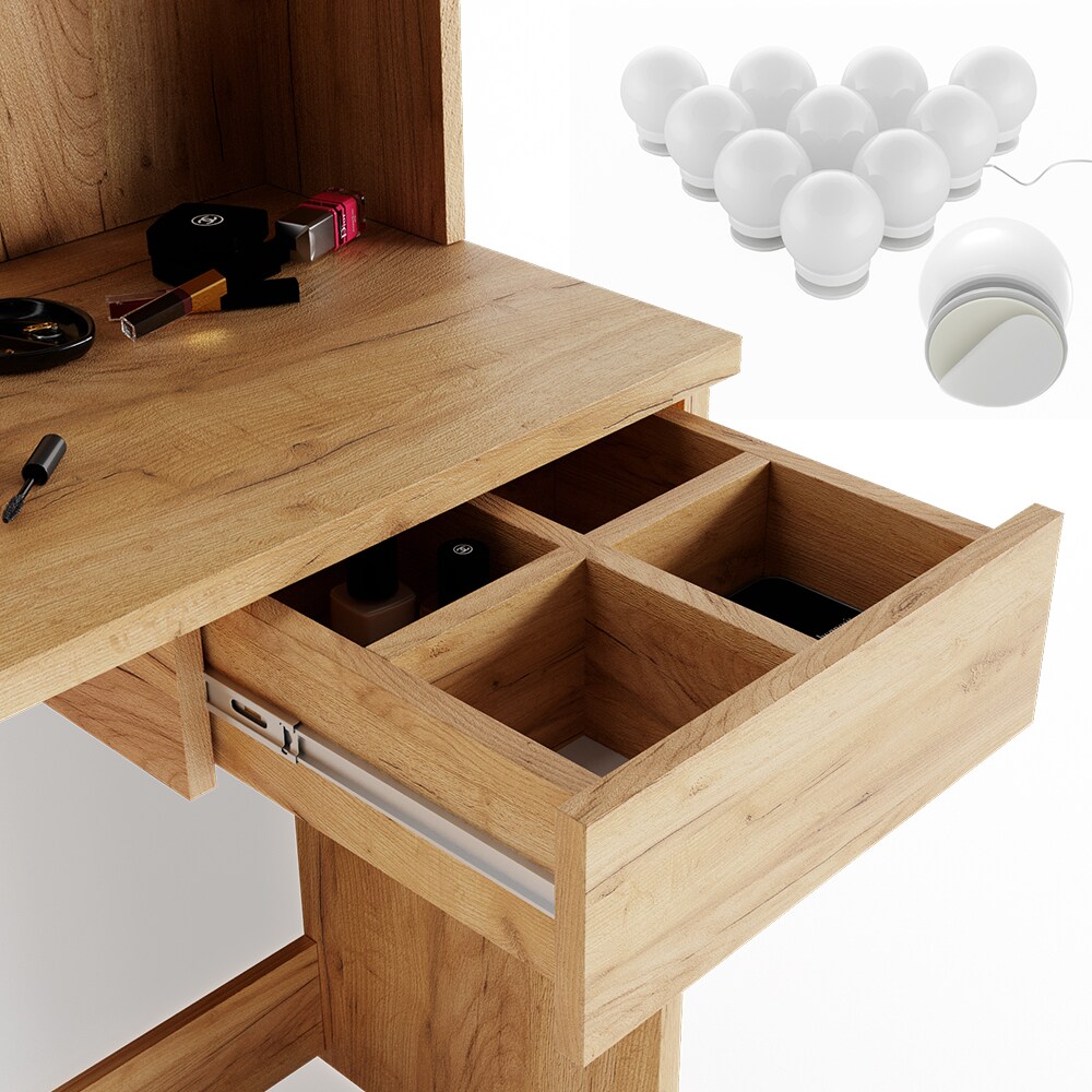 VICCO LED Schminktisch DEKOS Frisiertisch Kommode Kosmetiktisch Eiche Hocker