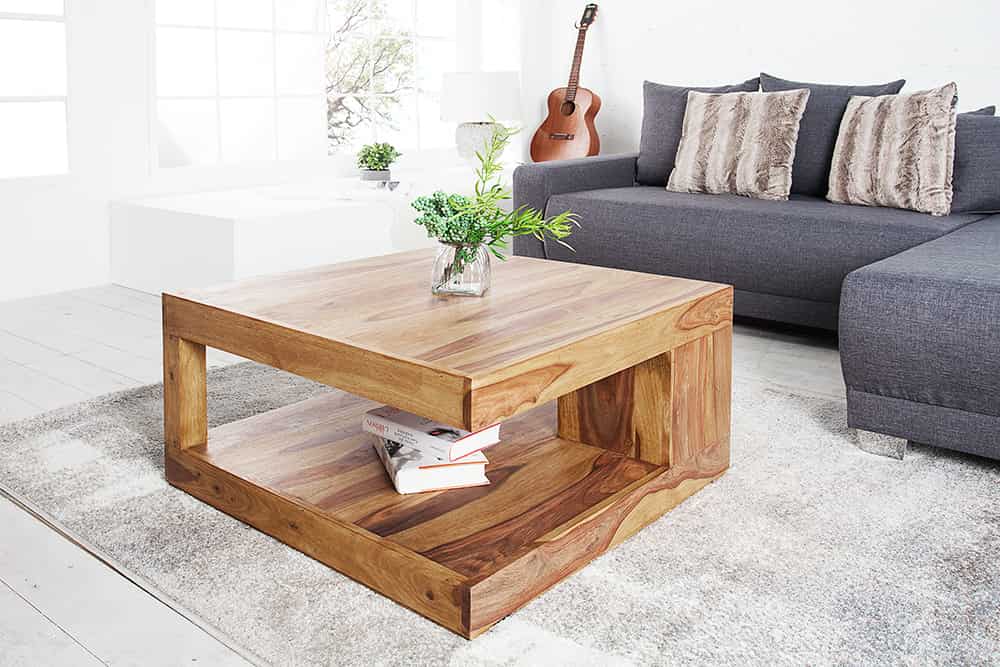 Design Couchtisch GIANT 80cm braun Sheesham Massivholz stone finish mit Ablage