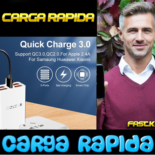 Carregador multifuncional de 5 portas com carregamento rápido para celular, smartwatch e fones de ouvido.