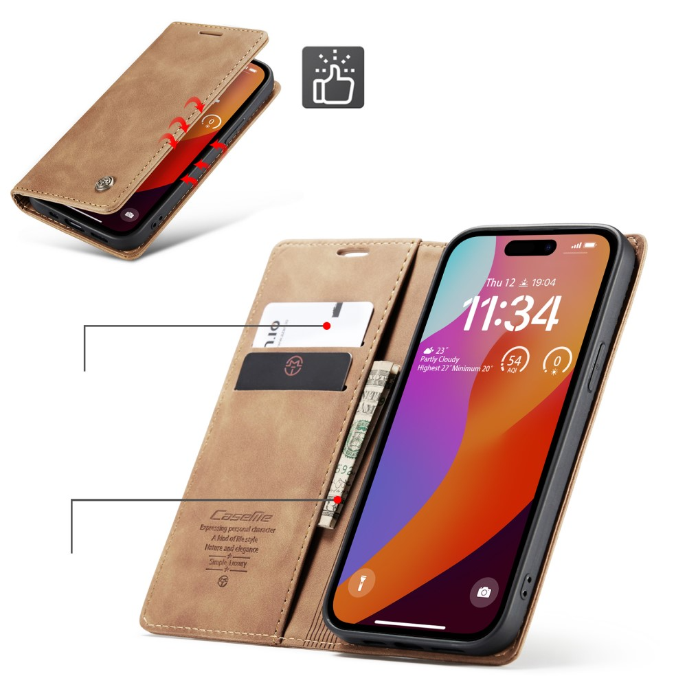 iPhone 16 Pro Max Leder Tasche Flip Wallet Etui mit Kartenfächern - Hellbraun