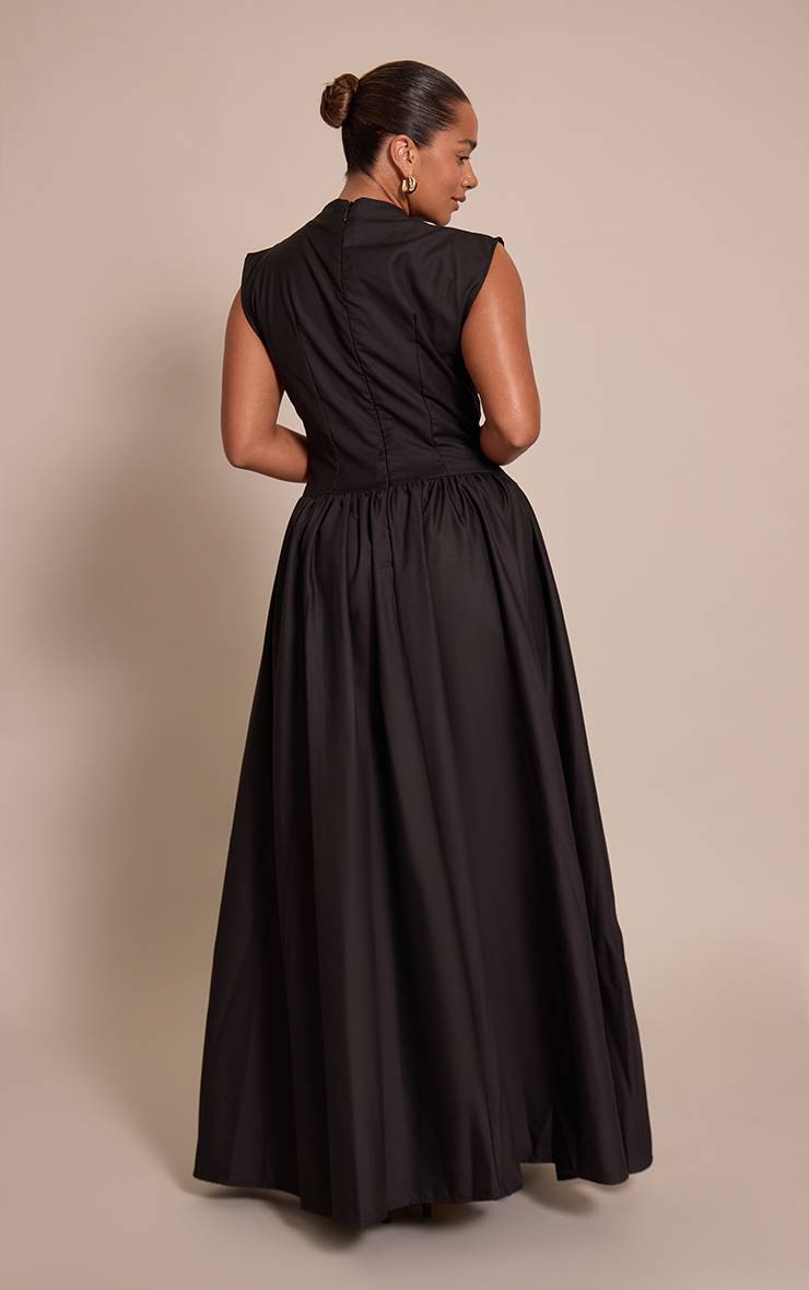Noir Robe Longue Moulante Corsétée À Col Montant En Tissu Tissé Shape