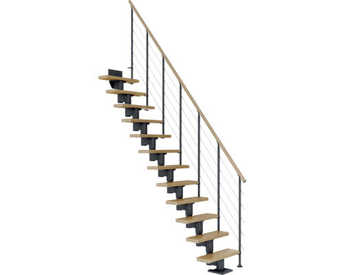 Pertura Spiros Antraciet Middentrap, Recht, 65 cm, Eiken Gelakte Leuning, 11 Treden / 12 Stijgers
