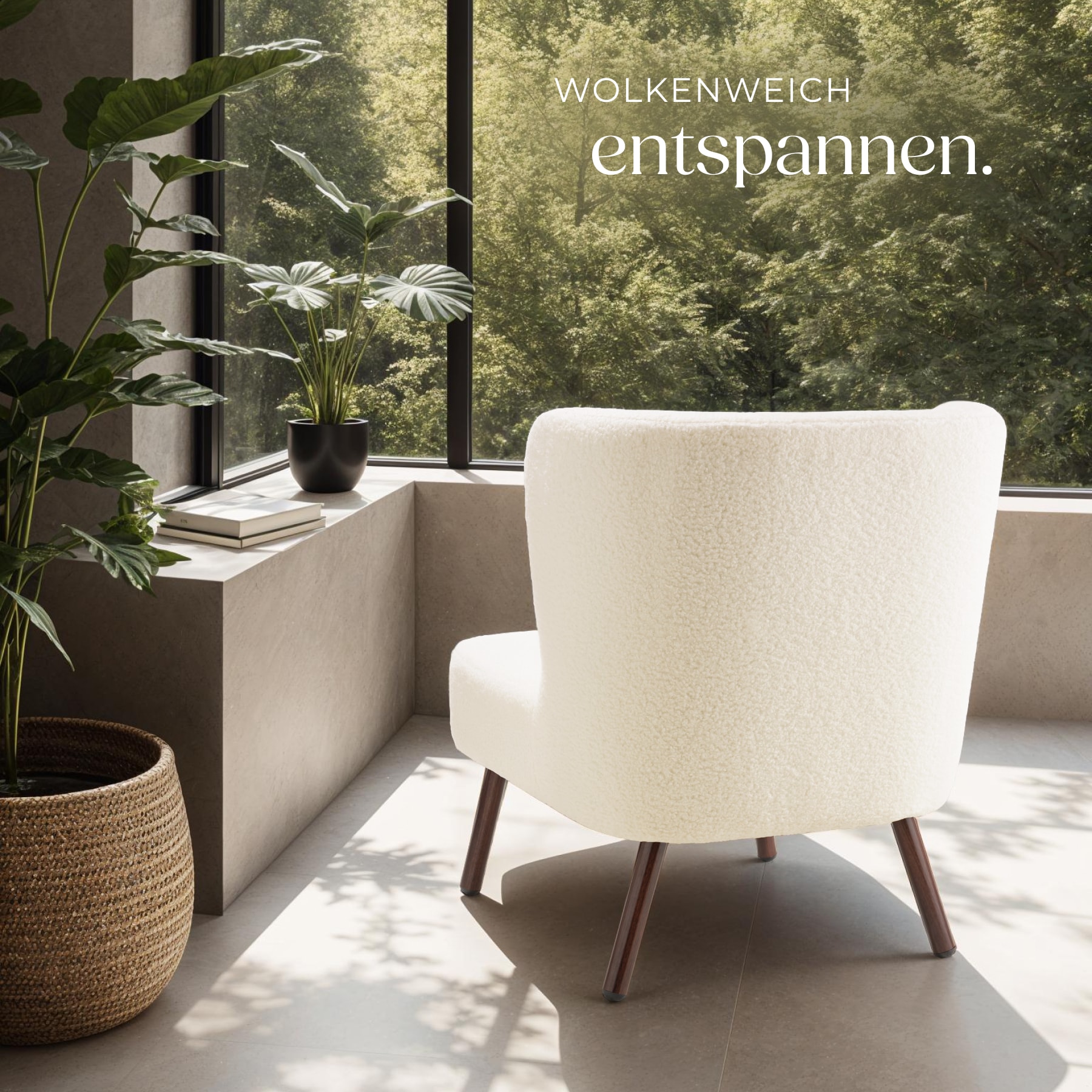 tectake® Teddy-Cocktailsessel, gepolstert, mit Bouclé-Bezug, runde Stahlbeine in Holzoptik, 62 x 73 x 74