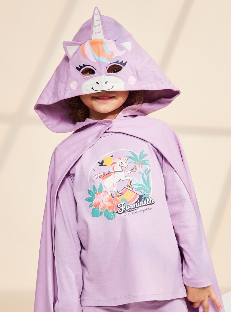 Pyjama deux pièces violet pâle en coton avec cape tête de licorne
