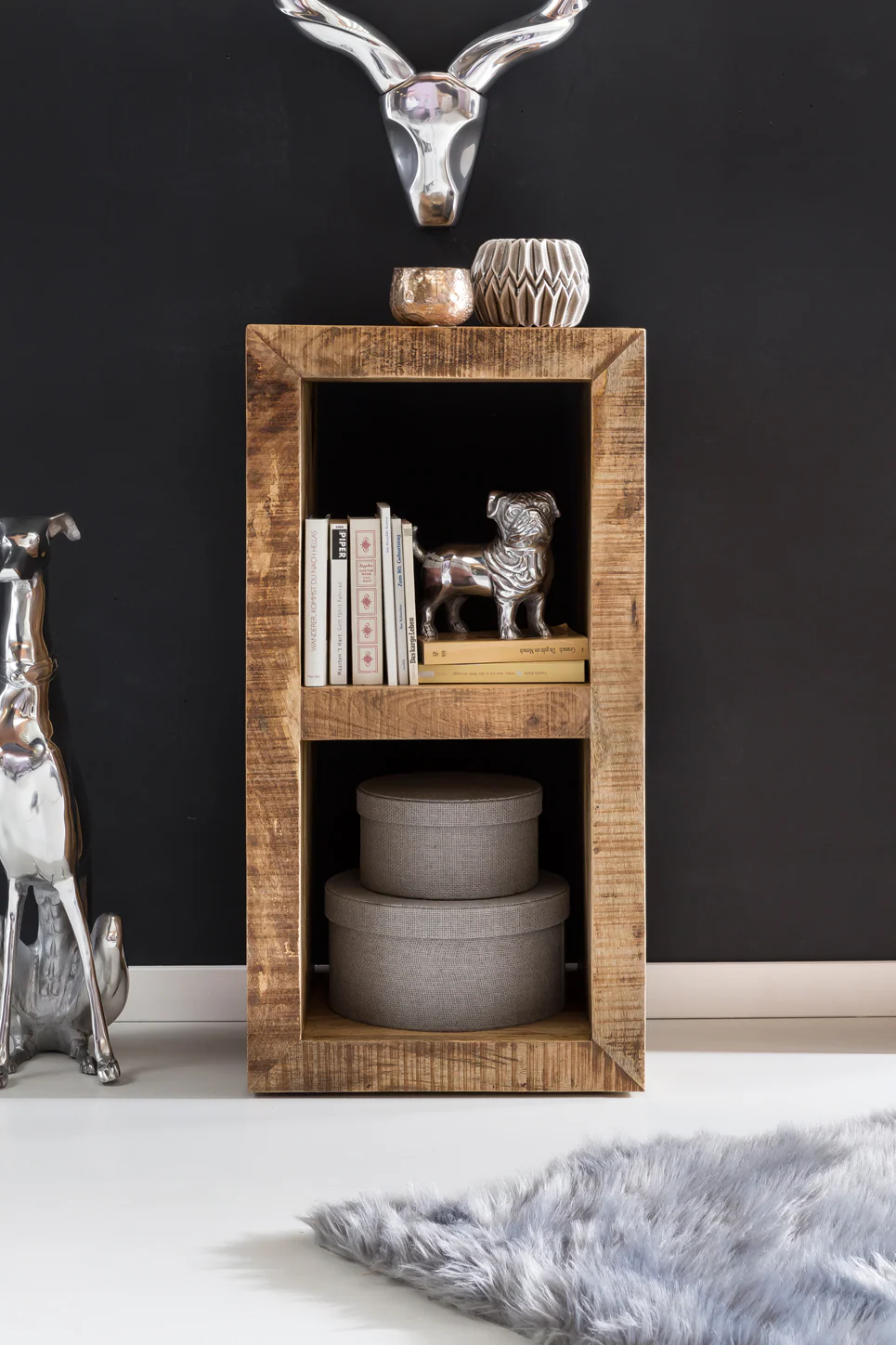KADIMA DESIGN Holzregal EWA: Rustikales Standregal, Cube-Form, Vintage-Shabby-Look, 2 Innenräume, recyceltes Mango-Massivholz.