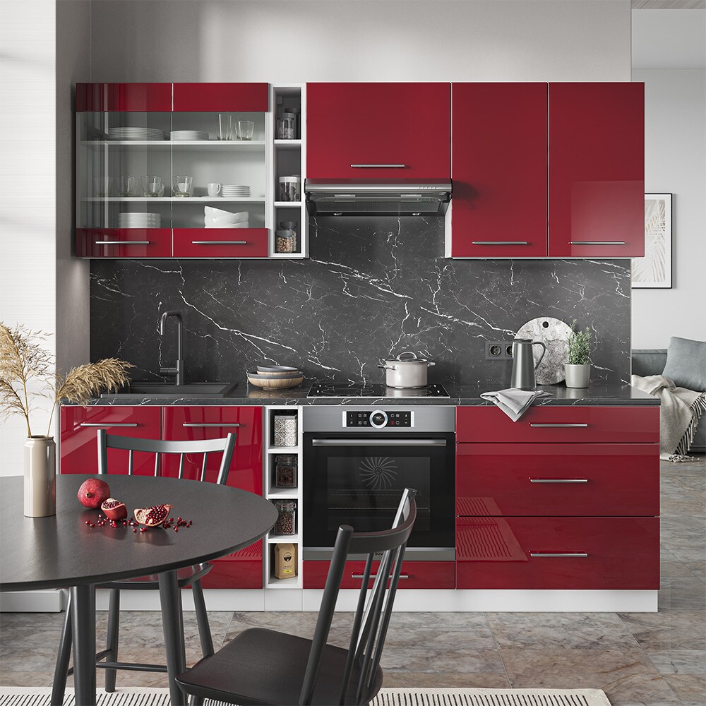 Vicco Küchenzeile Küchenblock Einbauküche Fame-Line Weiß Bordeaux Rot 235 cm modern Hochglanz Küchen Schränke Hängeglasschrank Hängeschrank Schubladenunterschrank Spülenunterschrank Herdumbauschrank