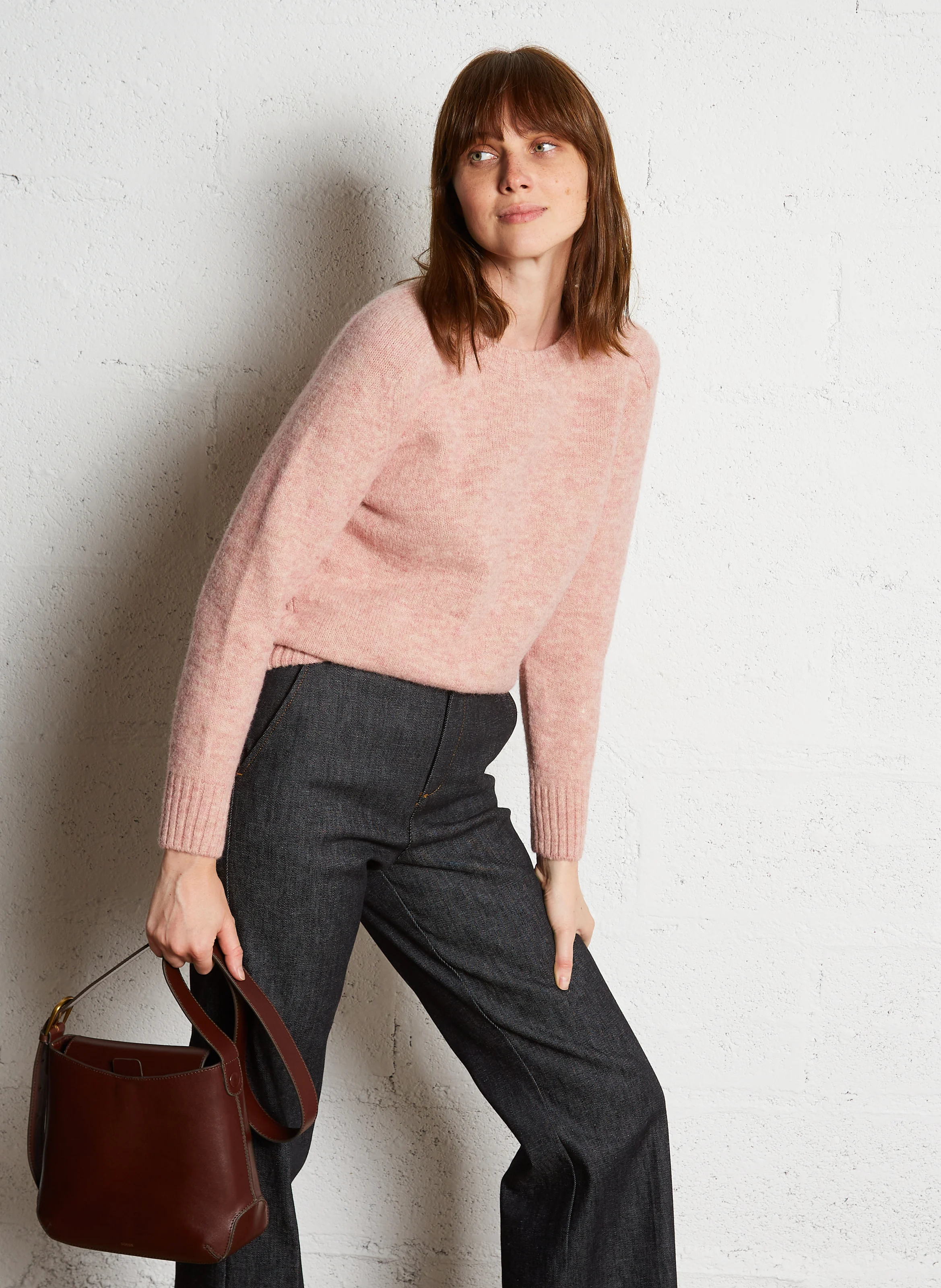 ENVIE - Pull col rond droit en maille tricotée | Rose