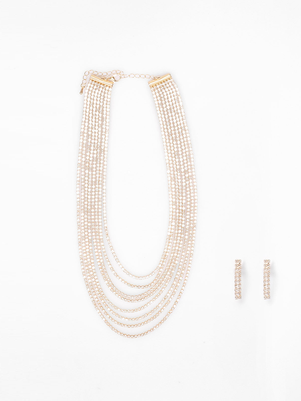 Parure collier multi-rangs et boucles en strass- Doré