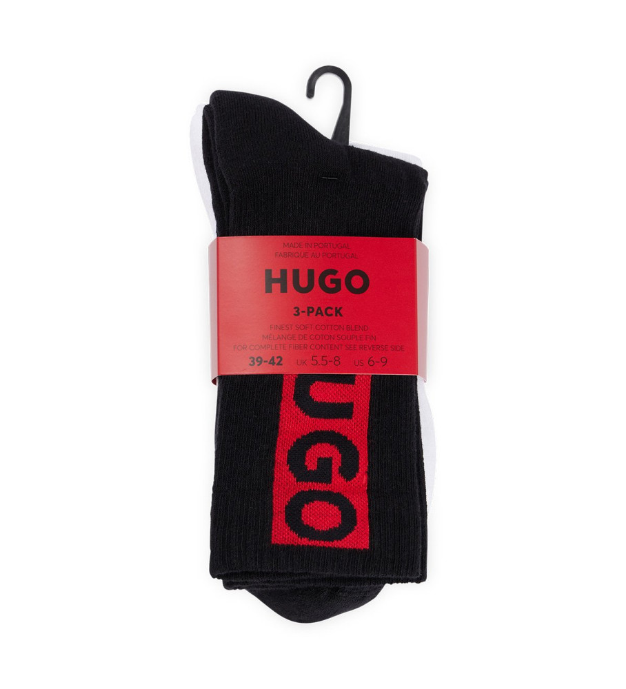 Pacote com 3 pares de meias HUGO com logotipo vermelho, branco e preto.