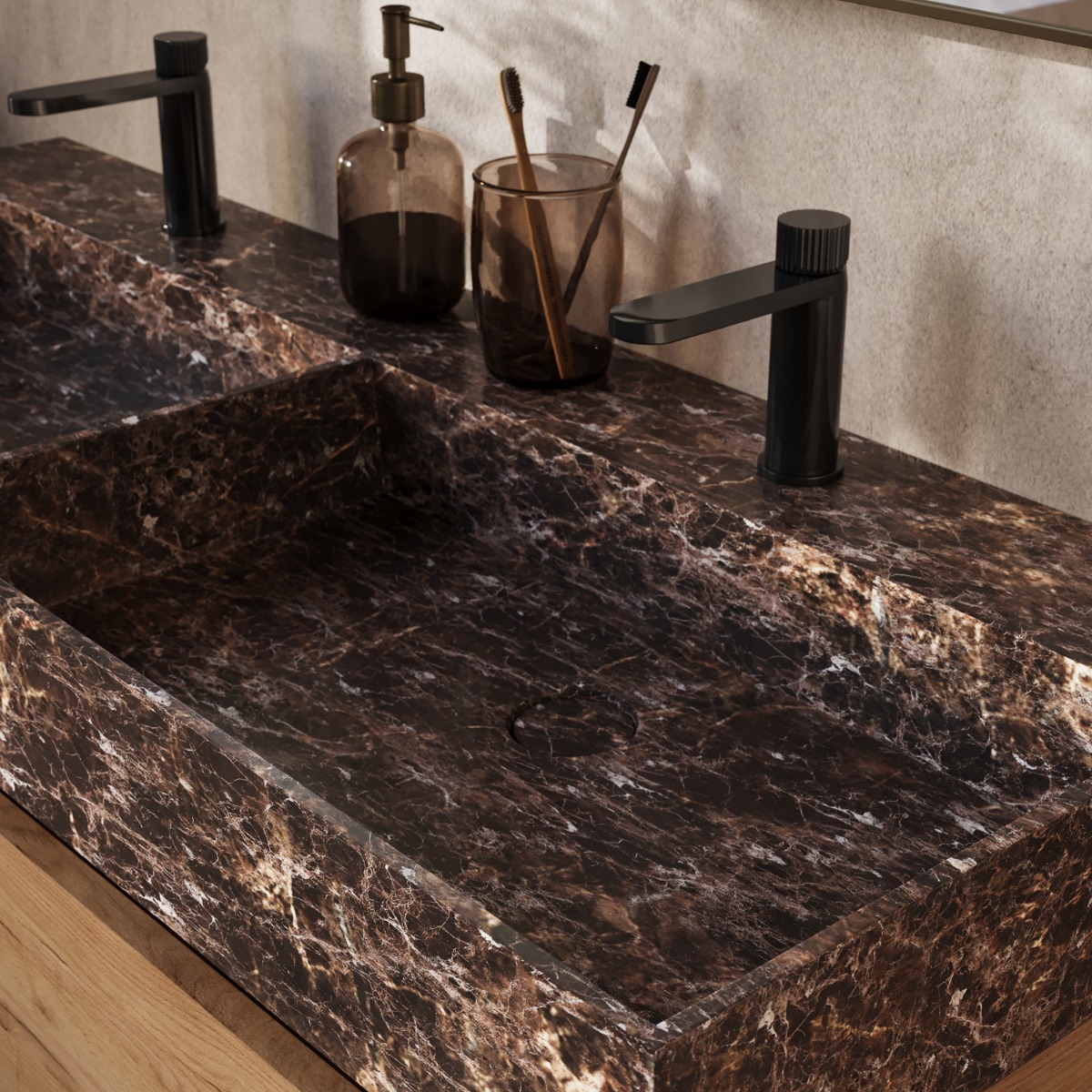 Saniclear Dark Emperador marmeren wastafel 120x46cm met kraangaten
