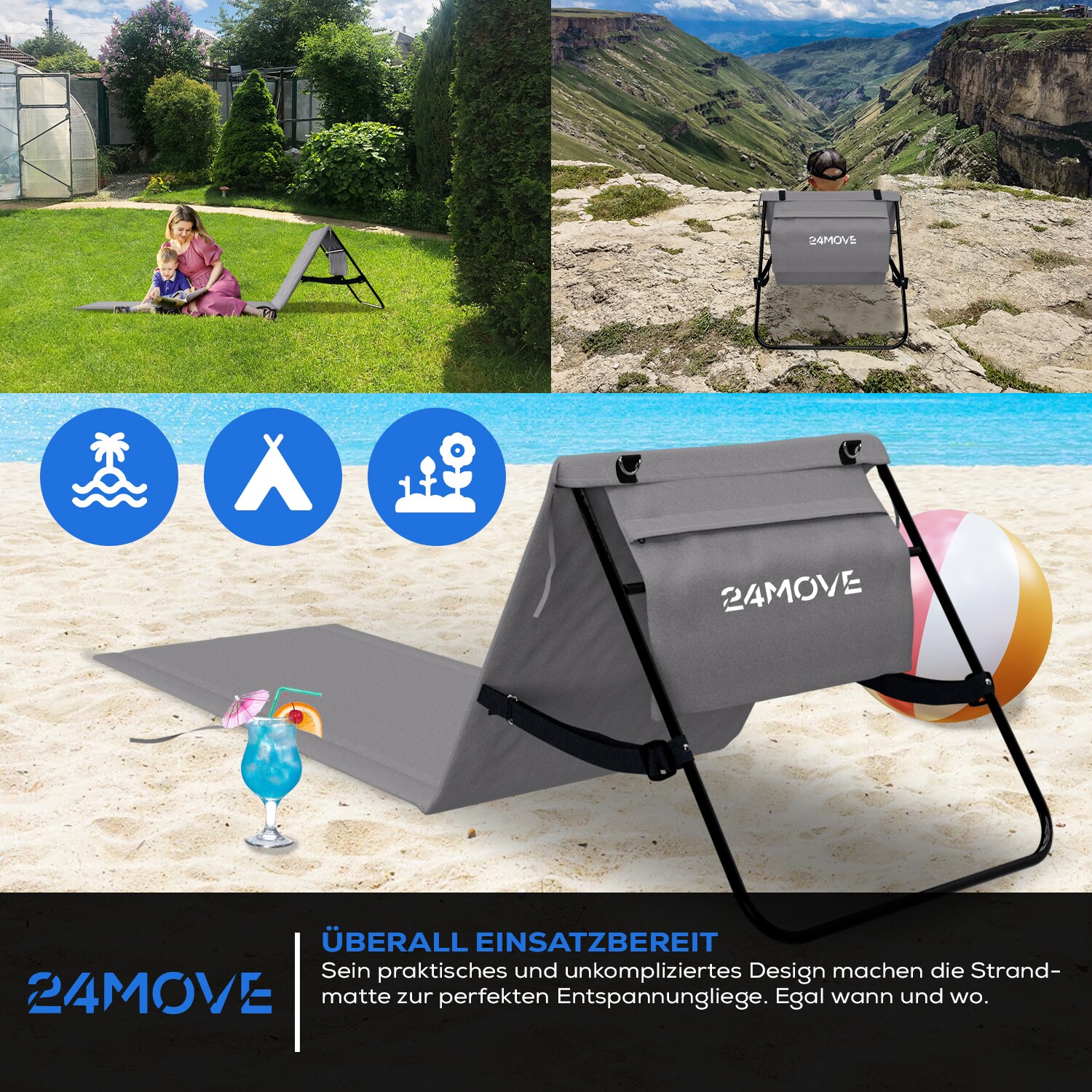 24MOVE® Strandmatte 2er Set klappbar mit Rückenlehne, Strandliege mit Gurt, tragbar für Strand und Garten, Liegematte grau