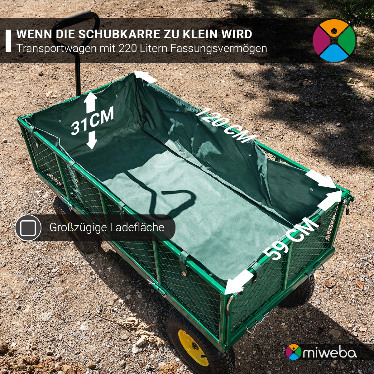 Miweba Bollerwagen MB-700, Transportwagen mit 700 kg Traglast, klappbar, Doppelachse, Stahlrahmen (Grün)
