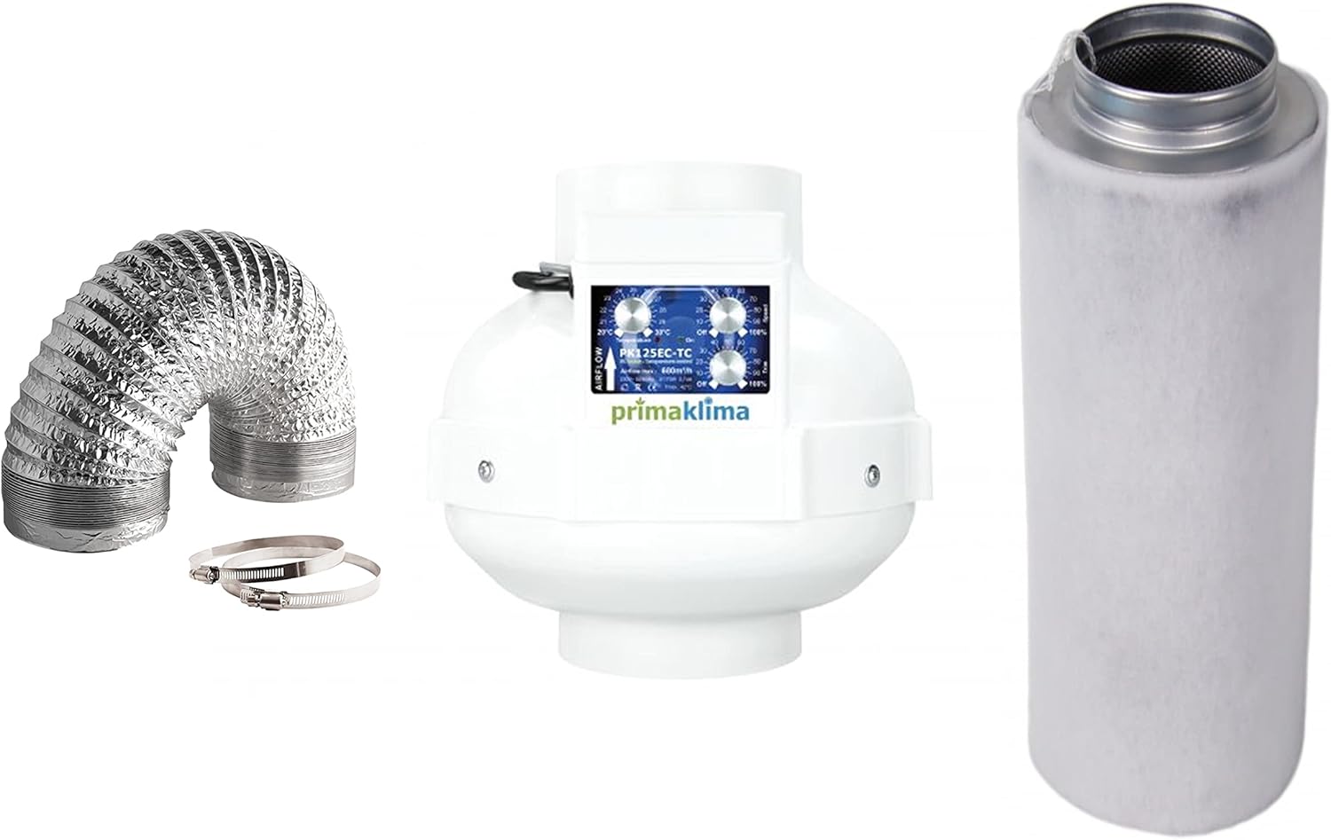 Abluft Set Grow EC Lüfter PK125EC-TC temperatur gesteuert 700 m³/h Prima Klima Filter + Nito Abluftschlauch