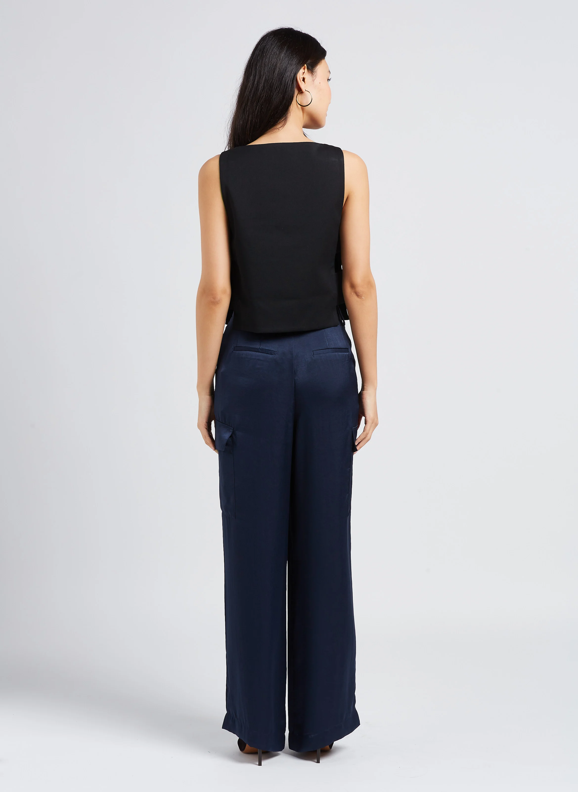 CARY - Pantalon cargo taille haute satiné | Bleu